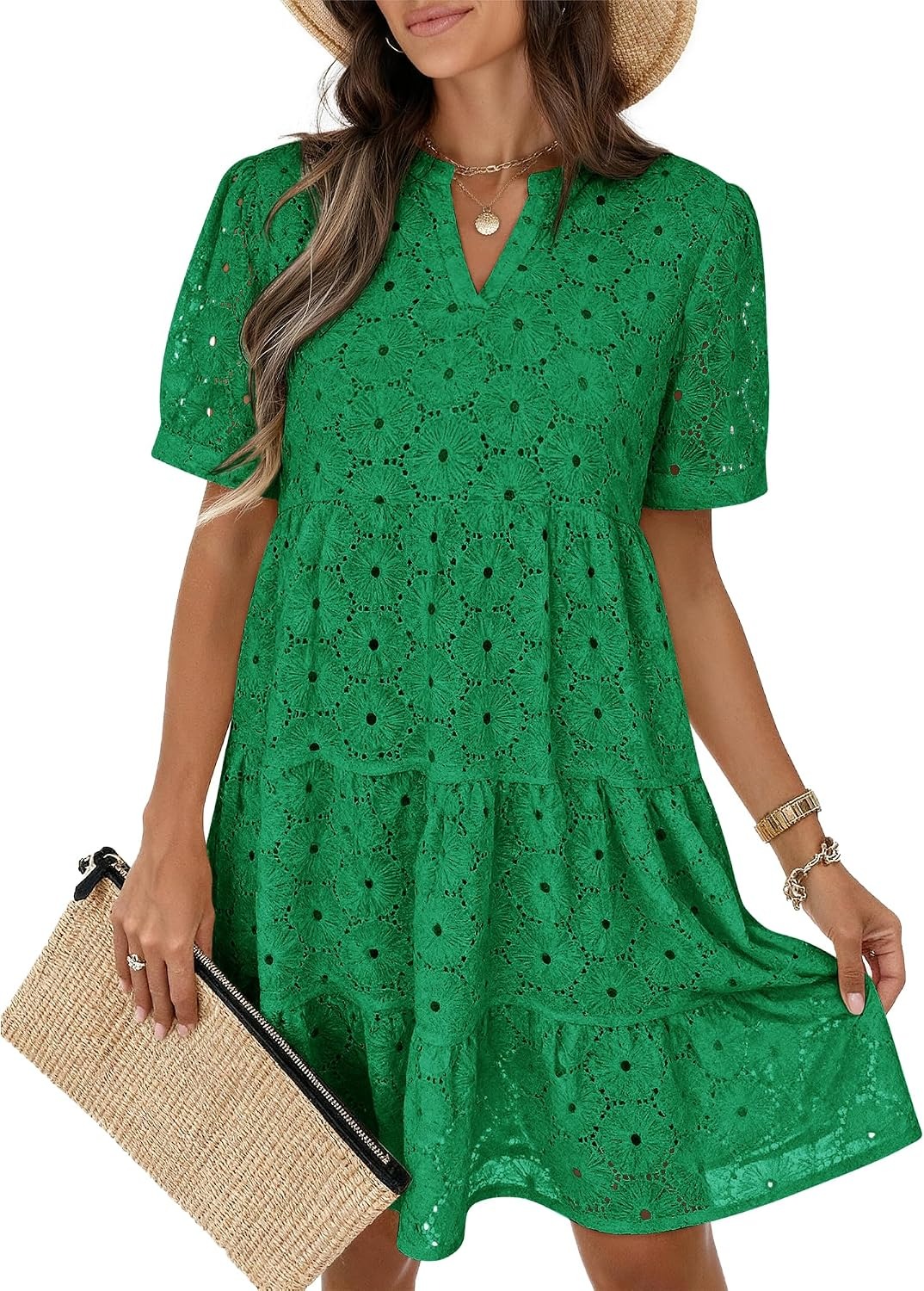 New Arrivals🔥Women’s Summer Lace Dresses Eyelet Casual Flowy Babydoll Swing Short Sleeve V Neck Tunic Dress