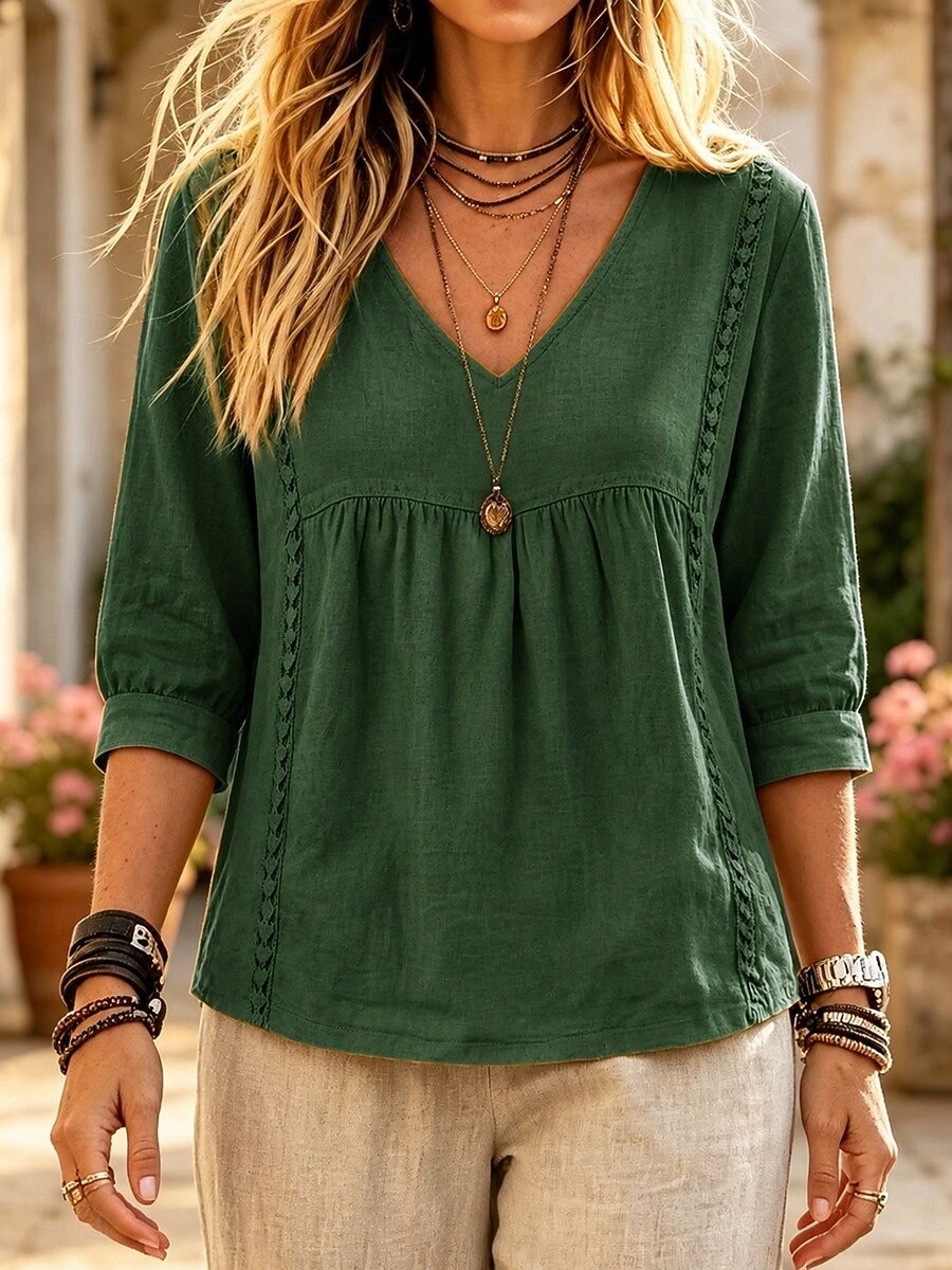 New Arrivals🔥Women's V Neck Lace Trim Babydoll Blouse
