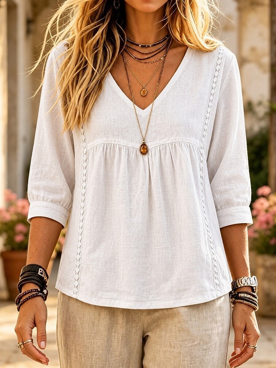 New Arrivals🔥Women's V Neck Lace Trim Babydoll Blouse
