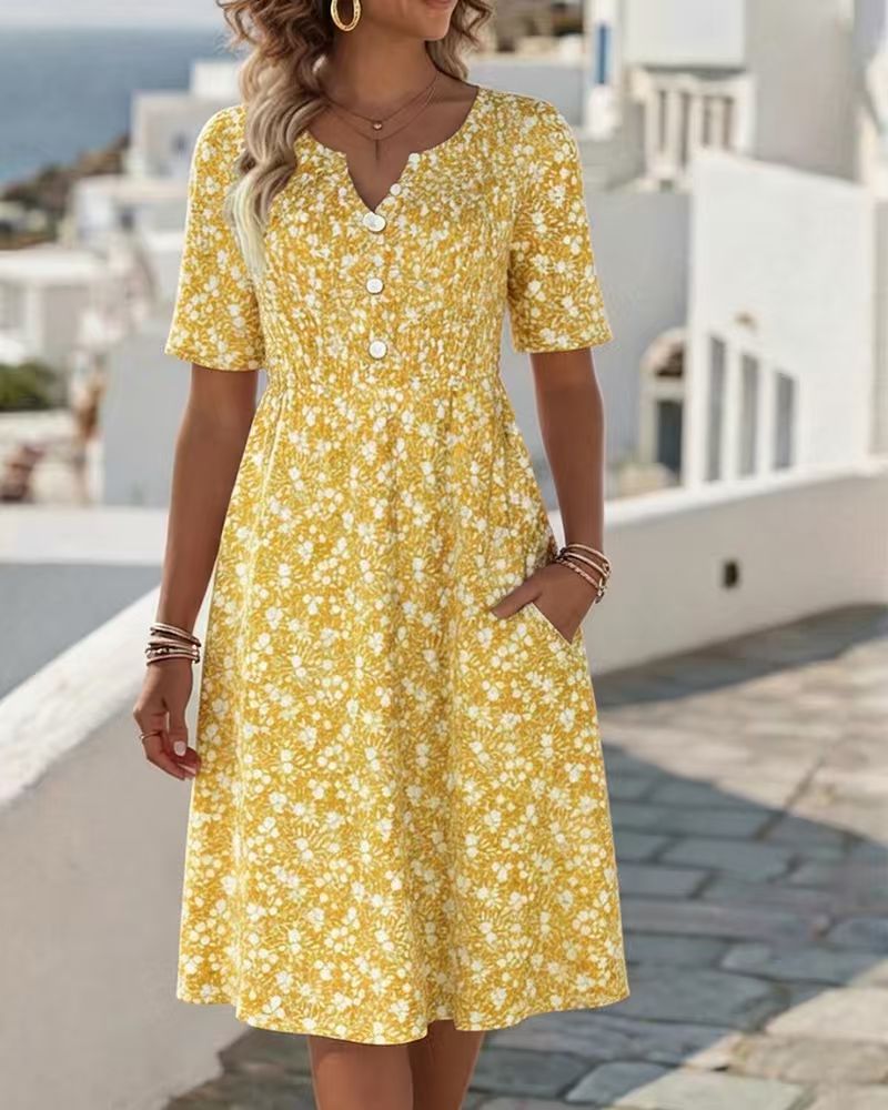 𝓕𝓪𝓷𝓴𝓲𝓽𝓽𝔂™–Retro Floral Button-Front Pocket A-line Dress -Loose Fit