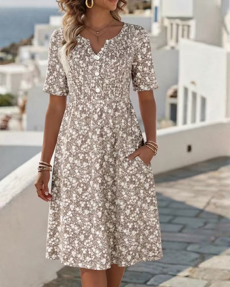 𝓕𝓪𝓷𝓴𝓲𝓽𝓽𝔂™–Retro Floral Button-Front Pocket A-line Dress -Loose Fit