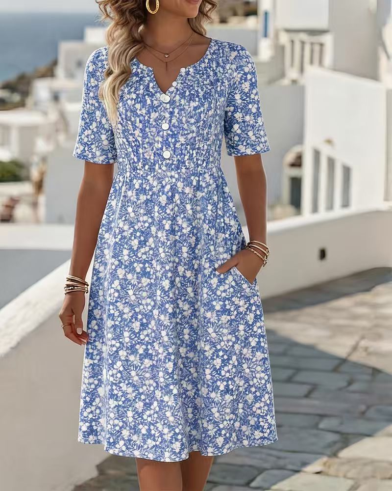 𝓕𝓪𝓷𝓴𝓲𝓽𝓽𝔂™–Retro Floral Button-Front Pocket A-line Dress -Loose Fit