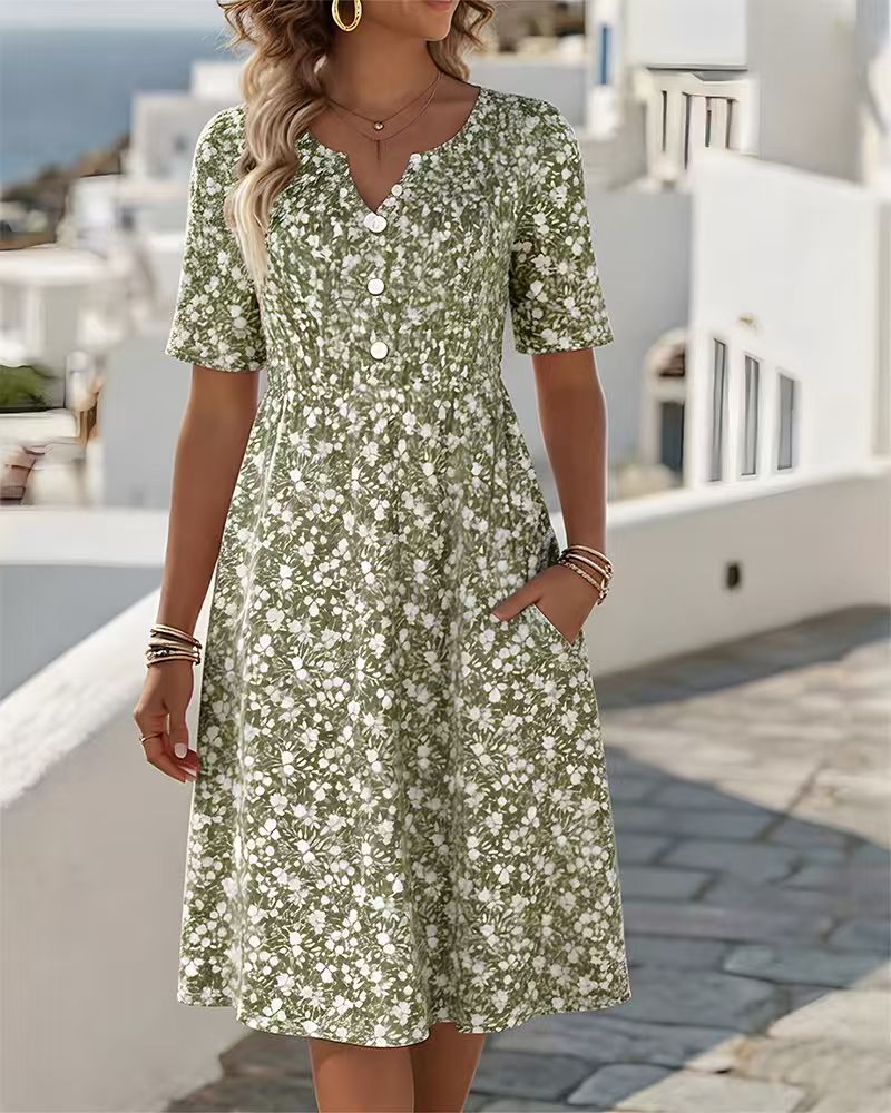 𝓕𝓪𝓷𝓴𝓲𝓽𝓽𝔂™–Retro Floral Button-Front Pocket A-line Dress -Loose Fit