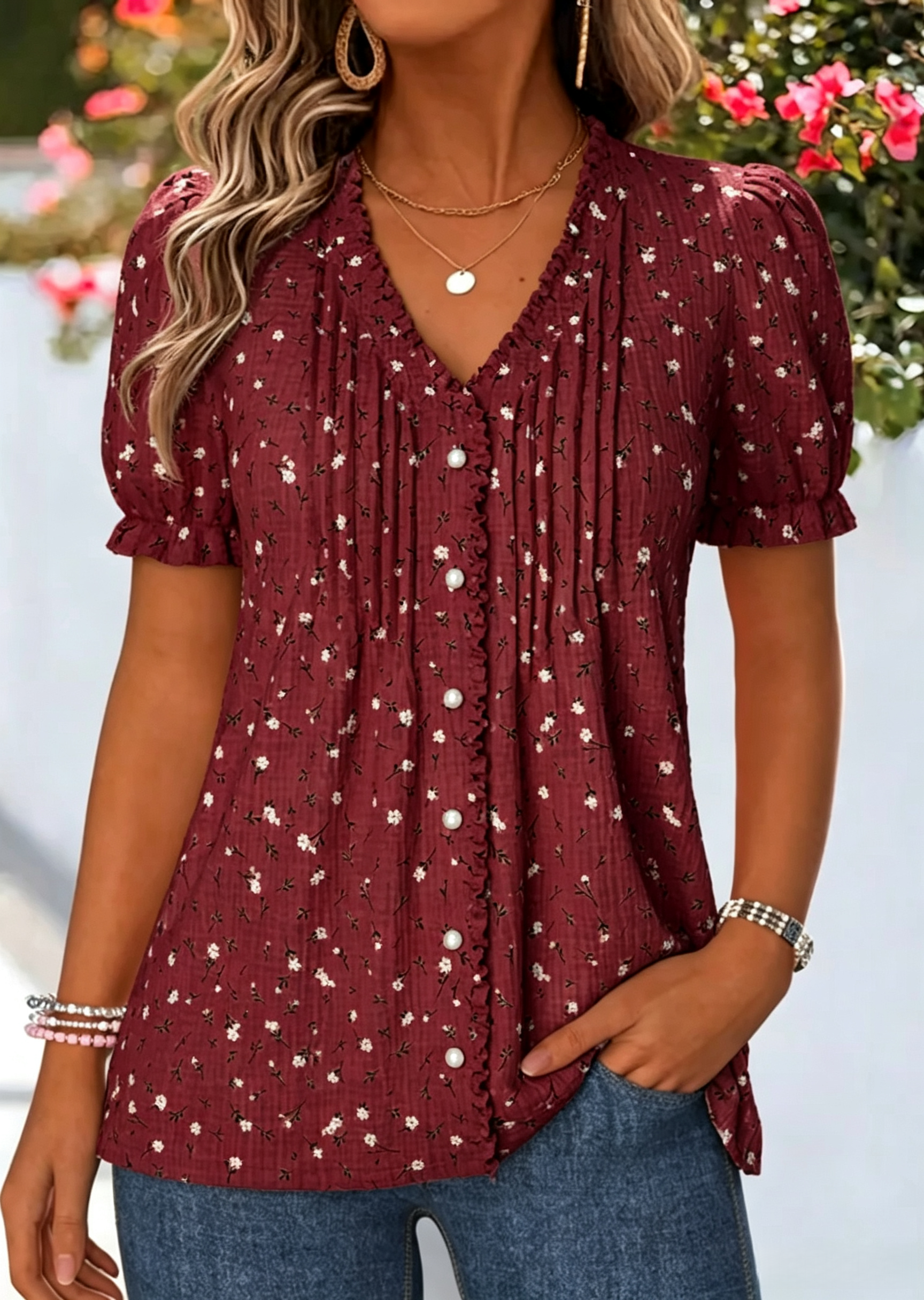 Dusty Pink Floral Print Frill Short Sleeve T Shirt