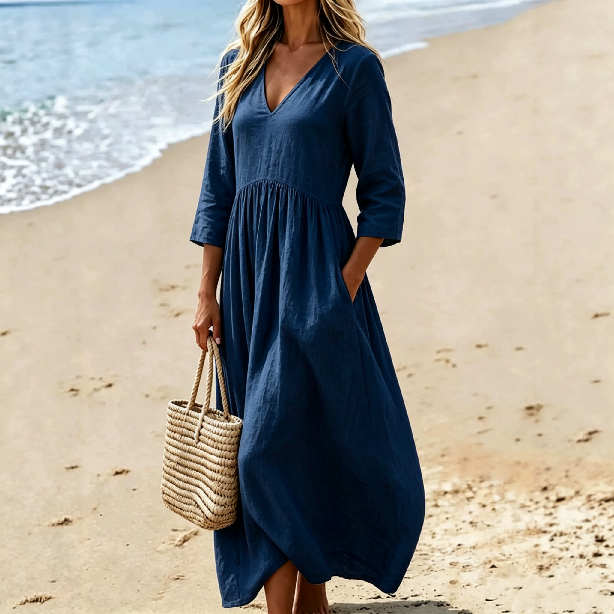 2026 Women's Casual 3/4 Sleeve Flowy Linen Long Dress