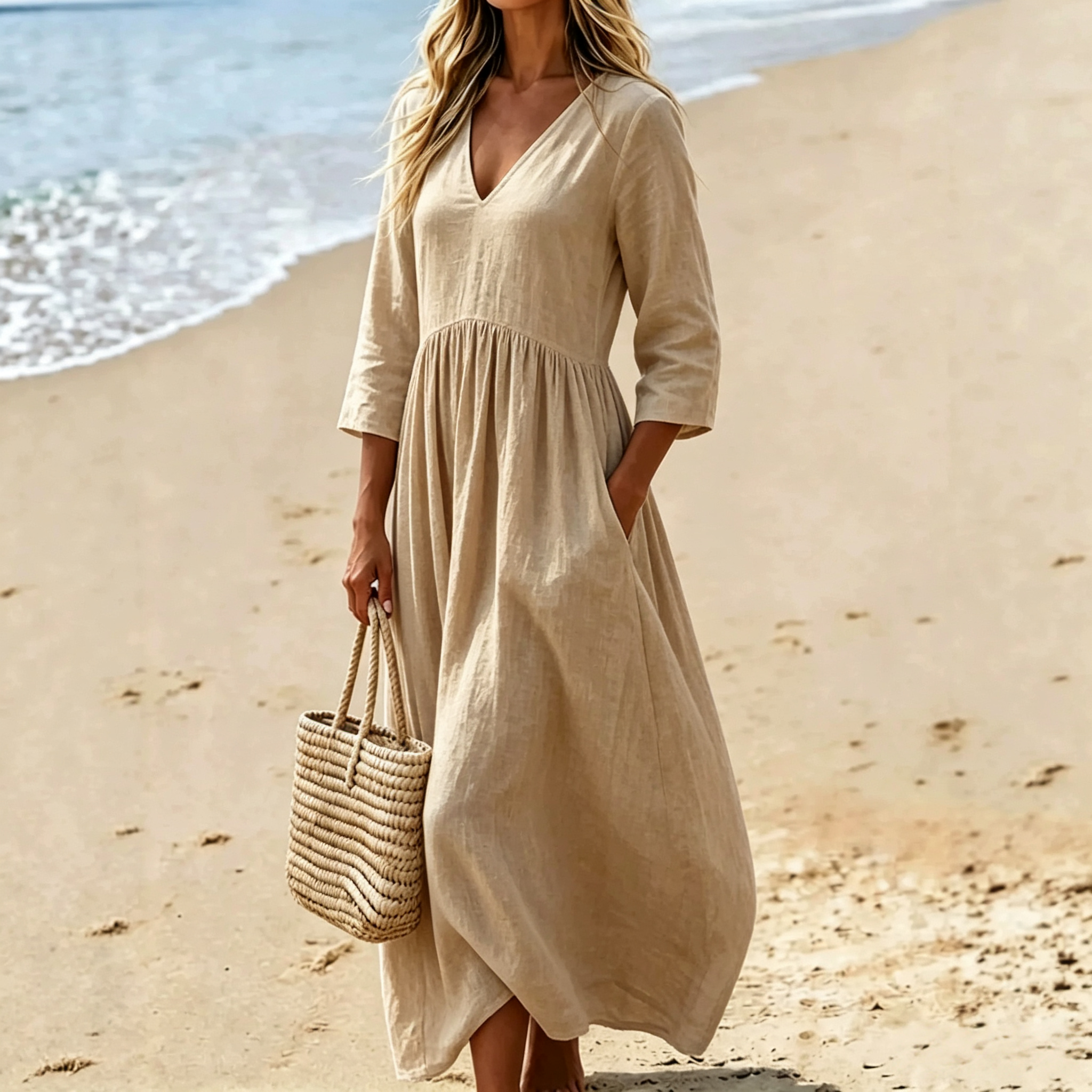 2026 Women's Casual 3/4 Sleeve Flowy Linen Long Dress