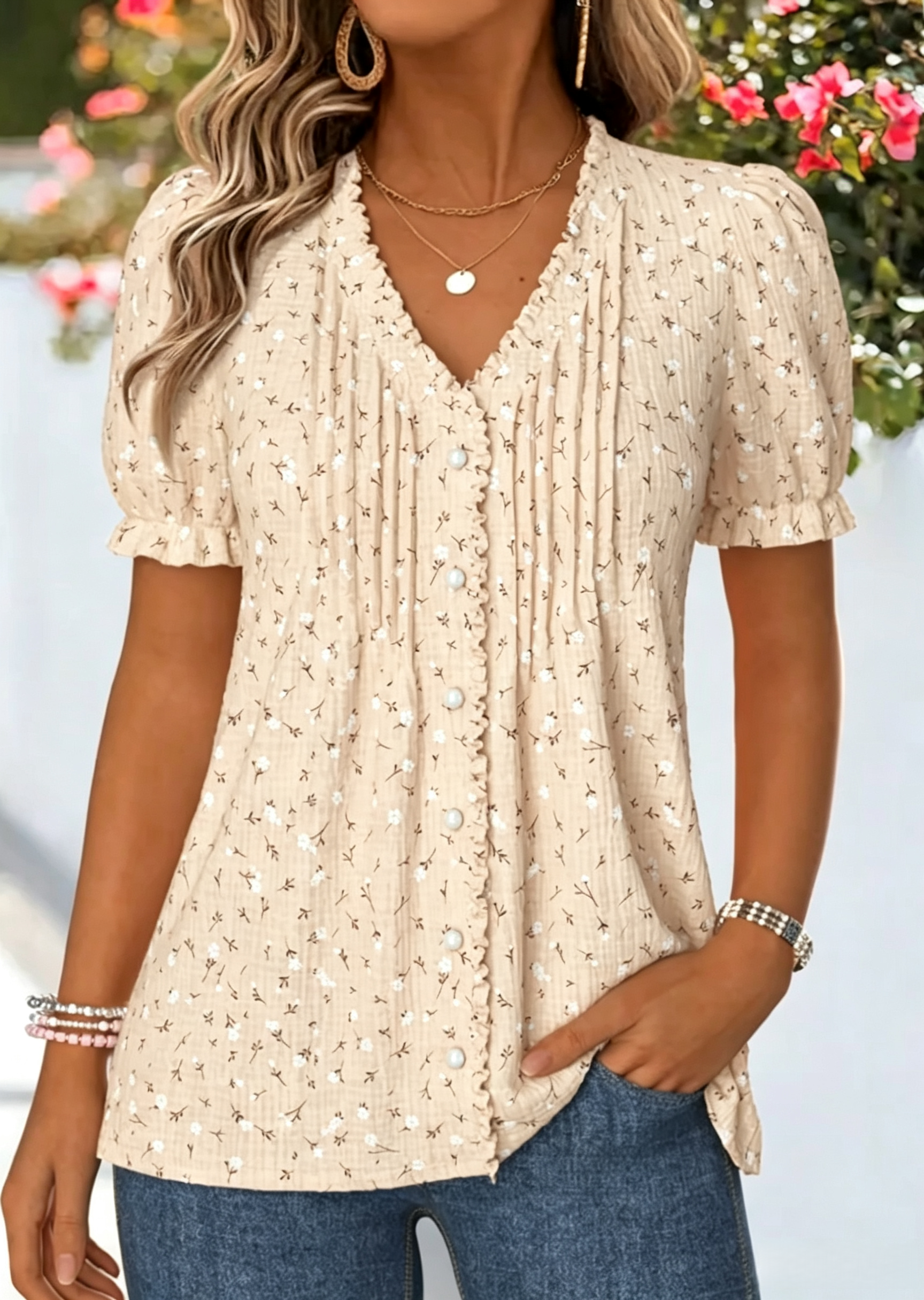 Dusty Pink Floral Print Frill Short Sleeve T Shirt