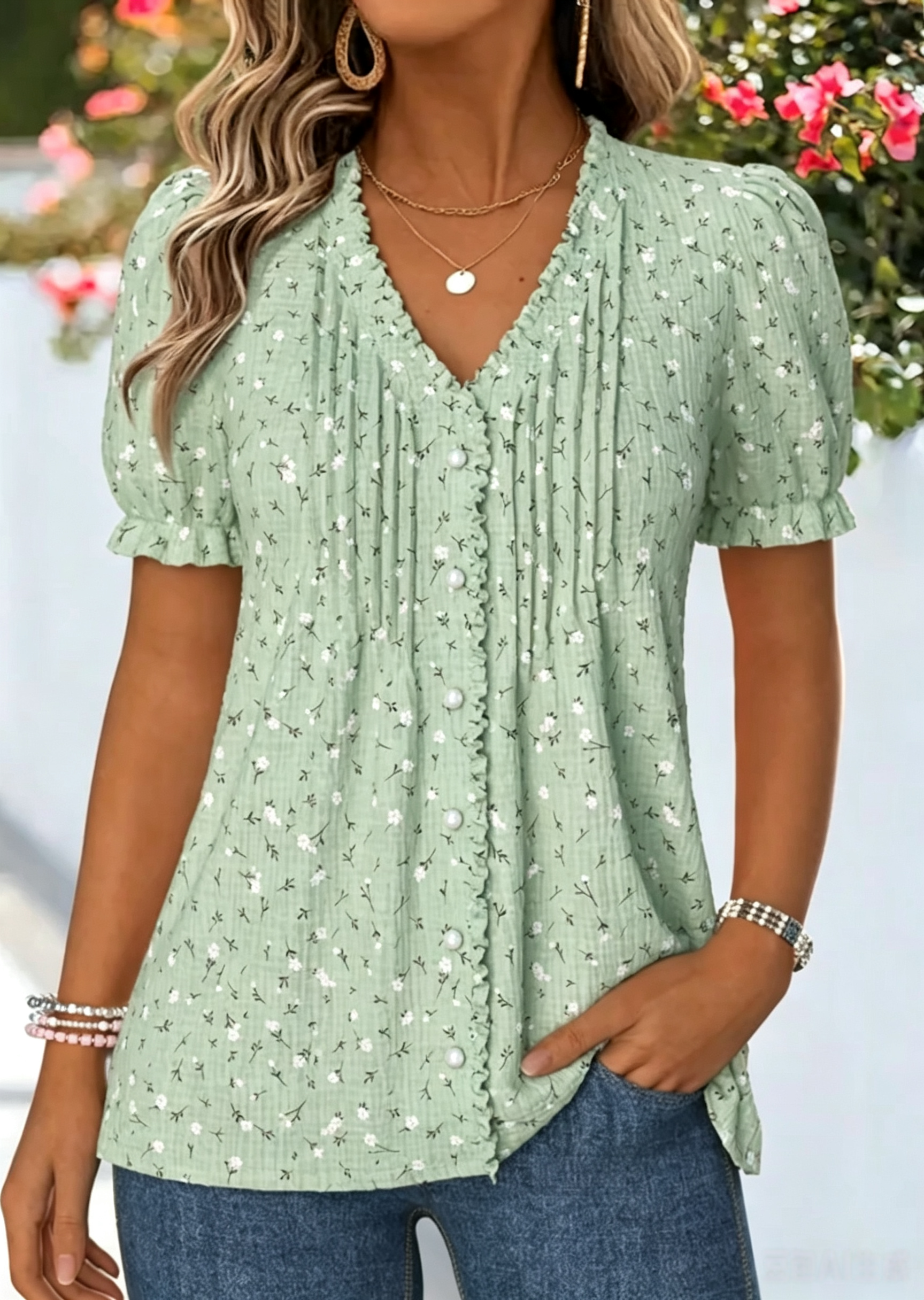 Dusty Pink Floral Print Frill Short Sleeve T Shirt