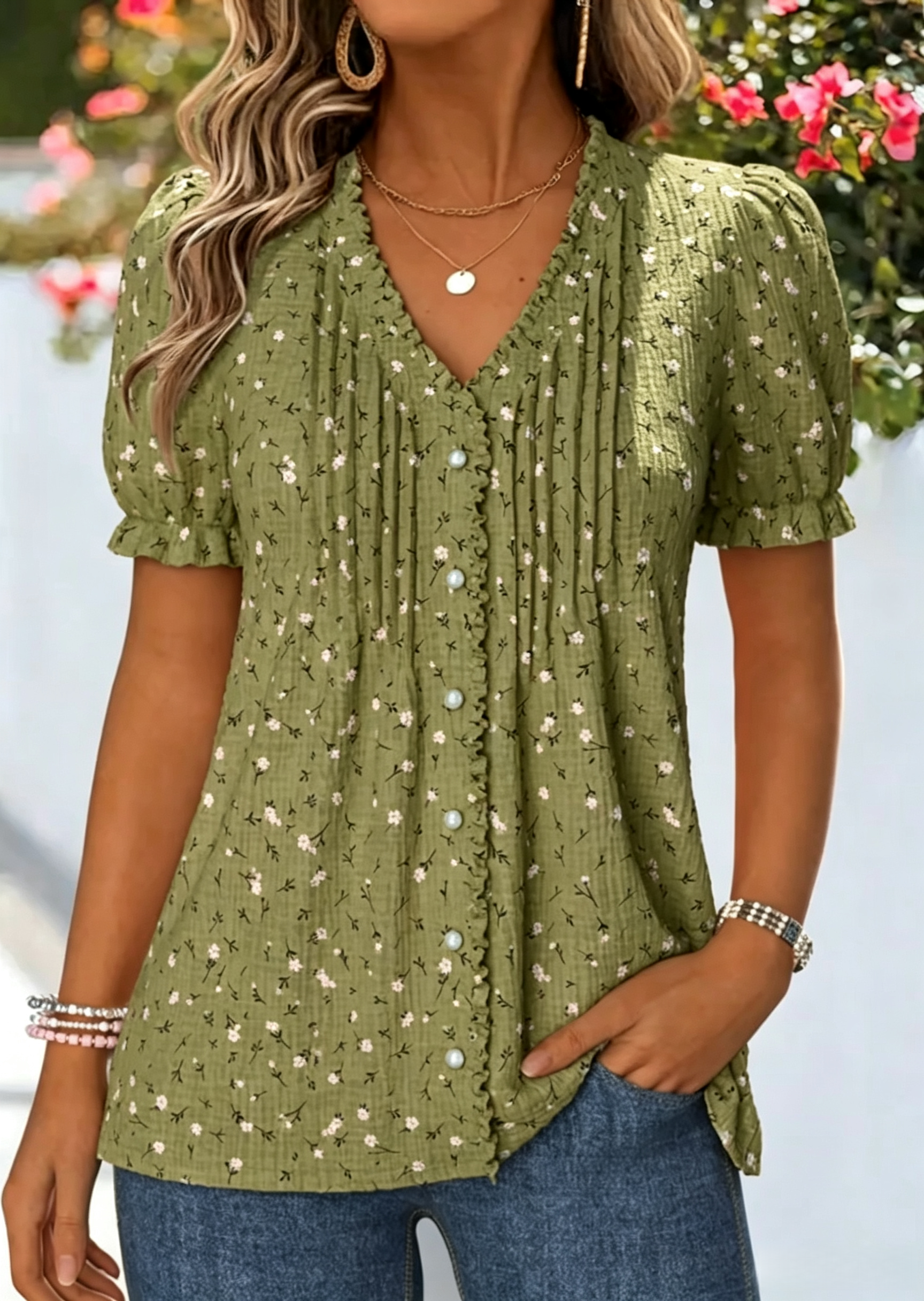 Dusty Pink Floral Print Frill Short Sleeve T Shirt
