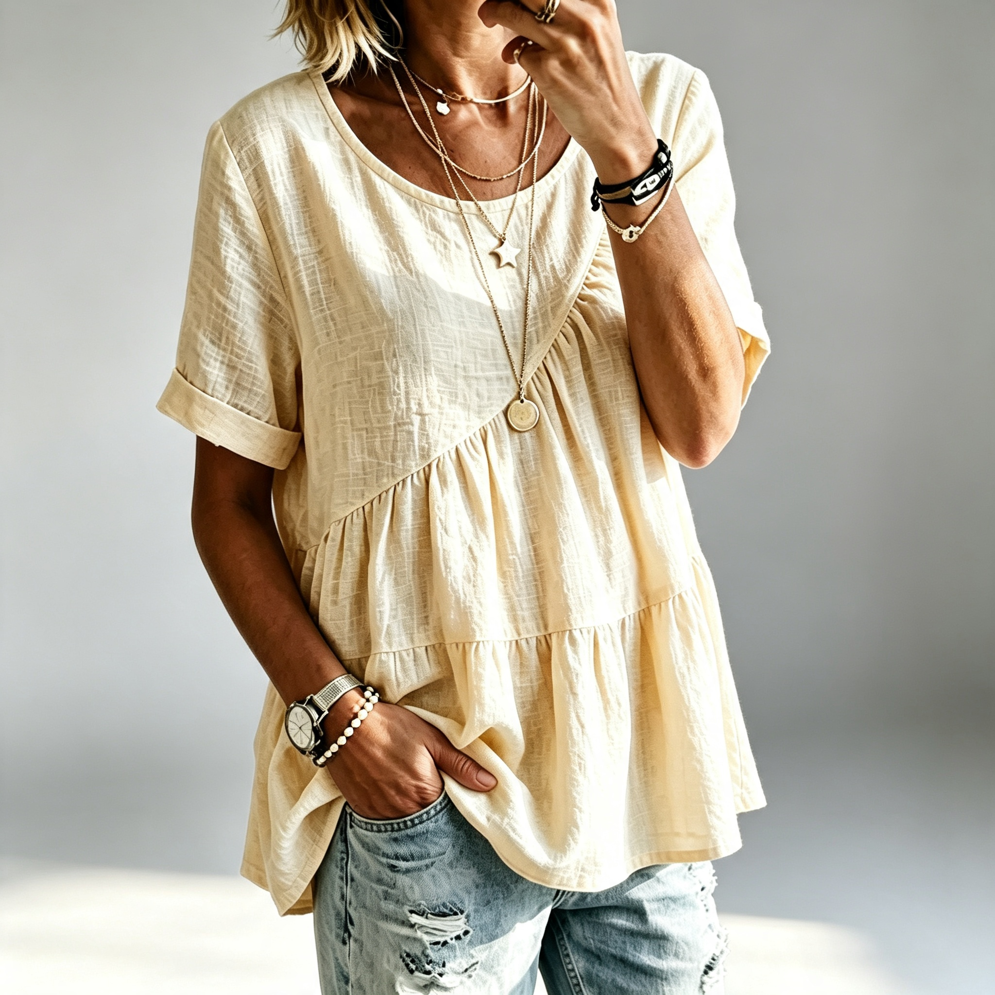 Women's Round Neck Cotton Linen Solid Color Loose Short-sleeved Shirt