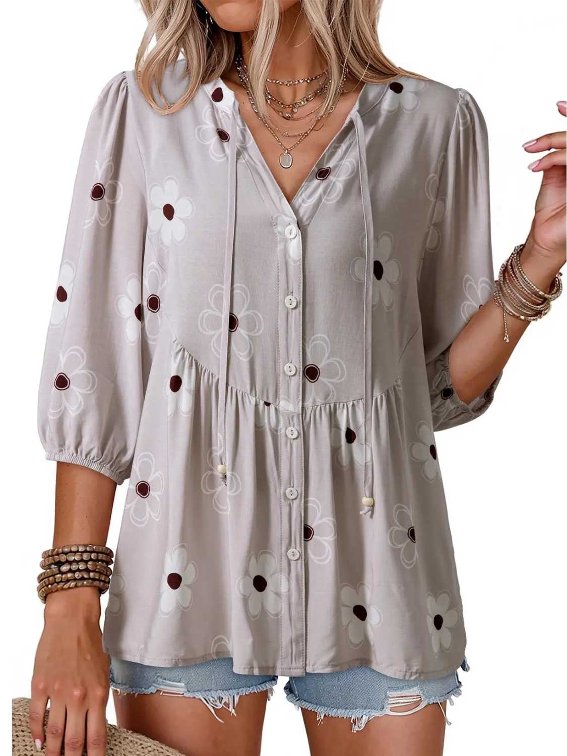 ⏰Hot Sale-Women's Boho Floral V-Neck Button-Down Peplum Blouse