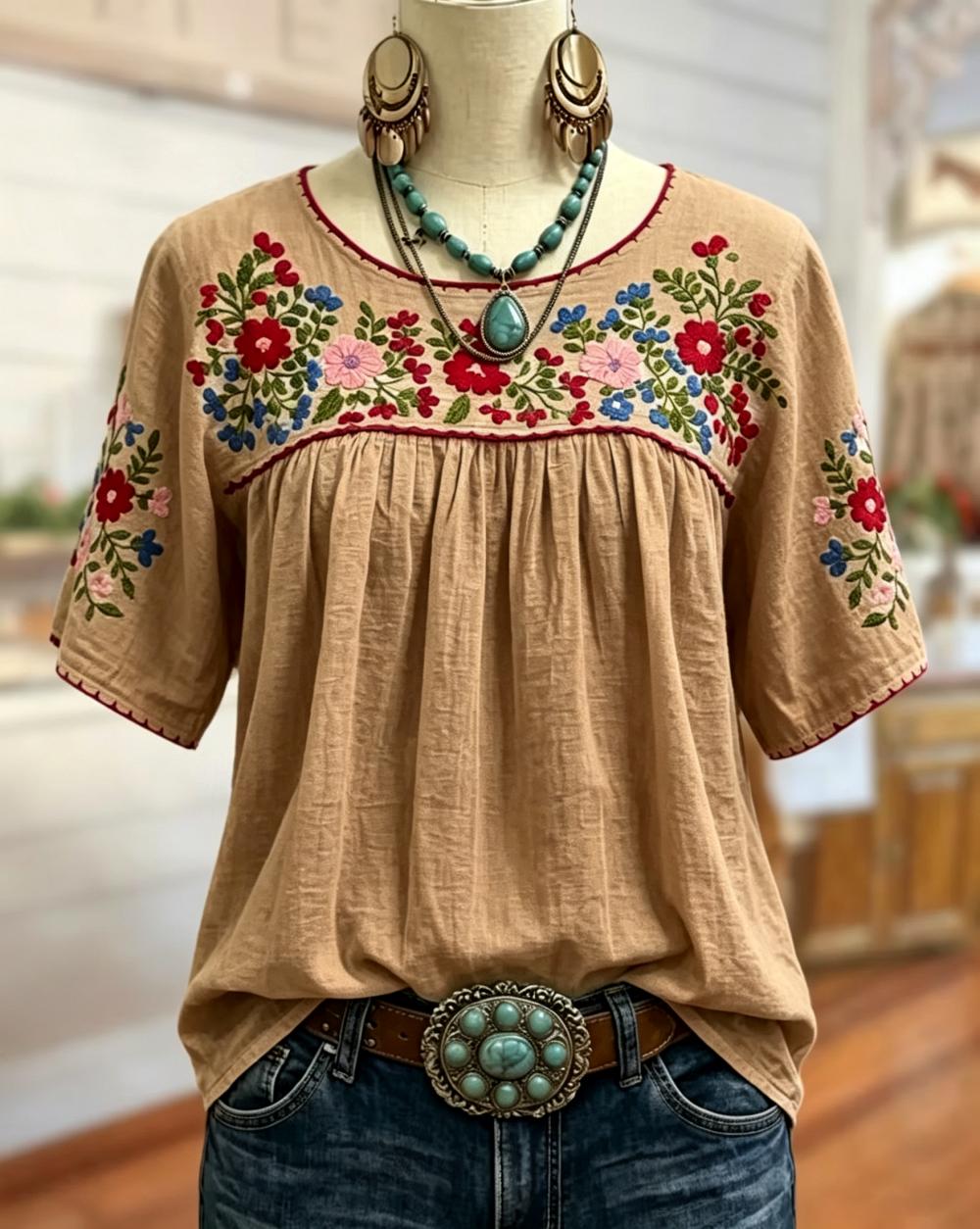 Floral Loose Gathered Scoop Neck Short Sleeve Blouse