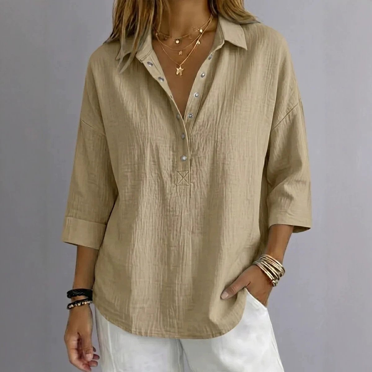 New Arrival💎Women's Casual Linen Blend Henley 3/4 Sleeve Shirt
