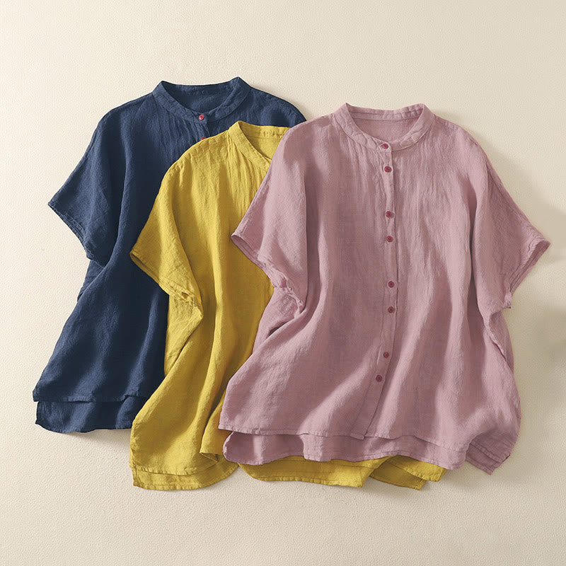 Summer Plain Red Buttons Short Sleeve Women's Shirt