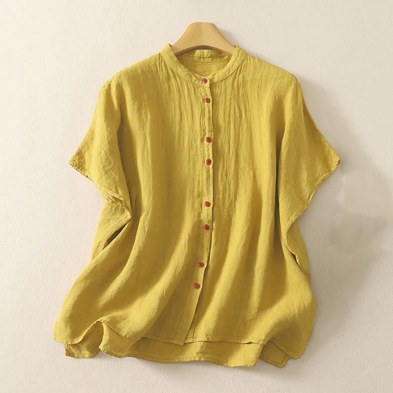 Summer Plain Red Buttons Short Sleeve Women's Shirt