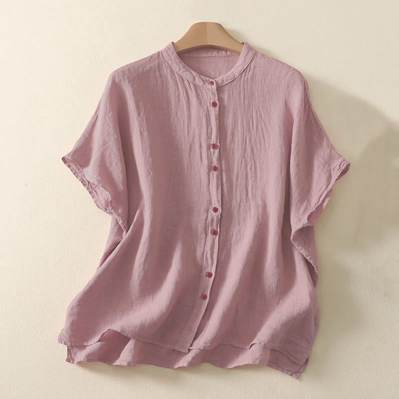Summer Plain Red Buttons Short Sleeve Women's Shirt