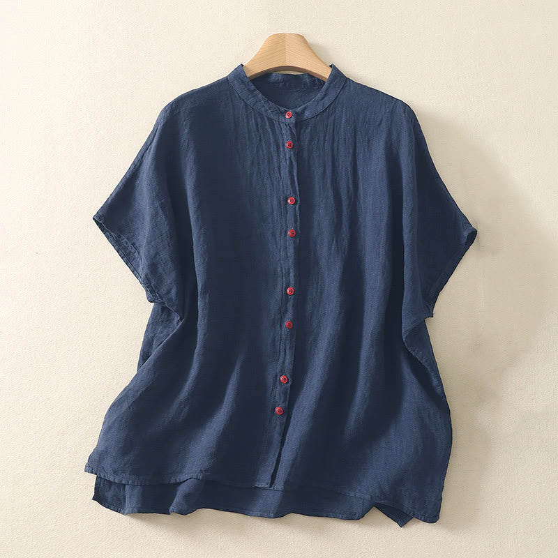 Summer Plain Red Buttons Short Sleeve Women's Shirt