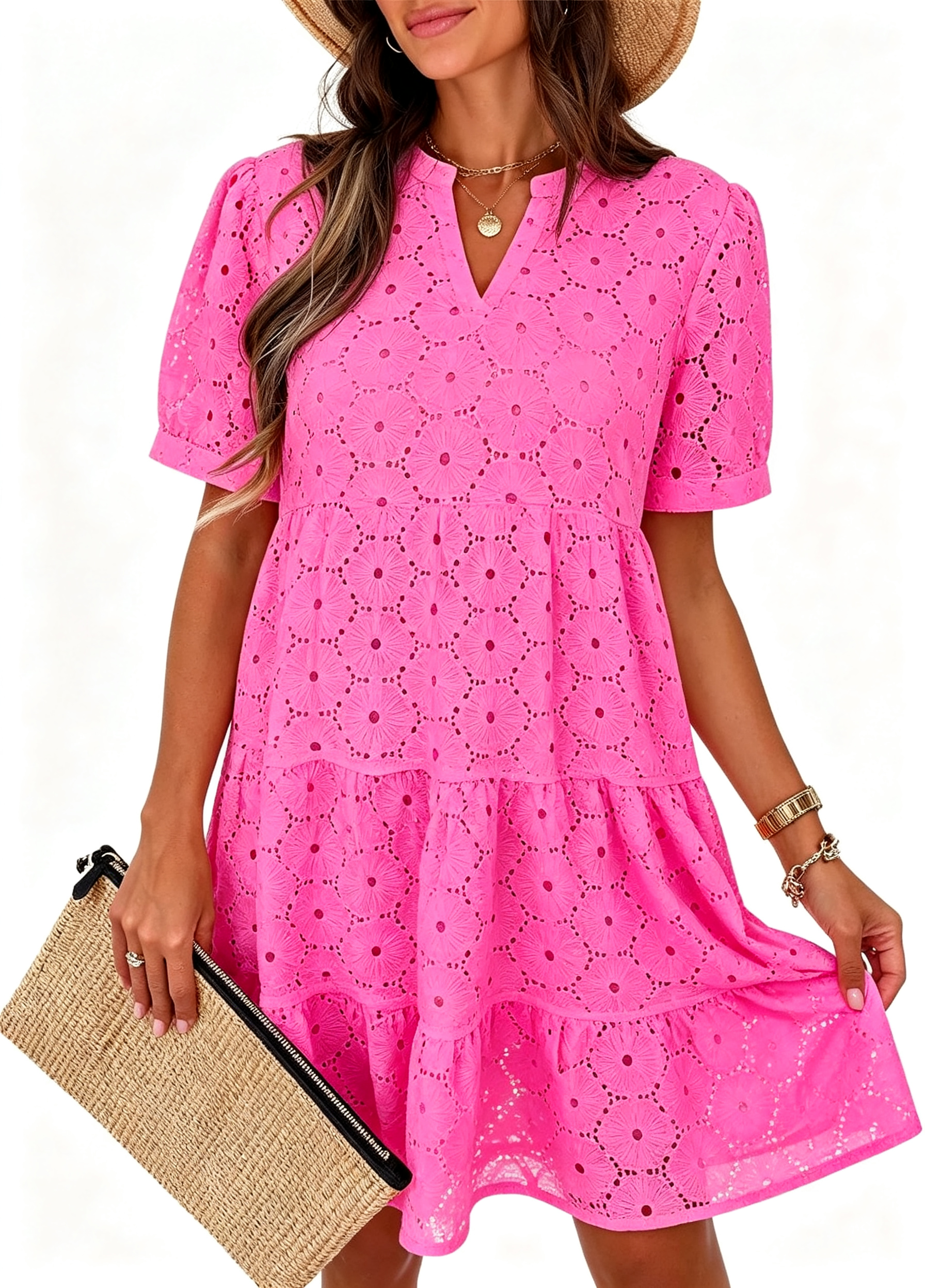 New Arrivals🔥Women’s Summer Lace Dresses Eyelet Casual Flowy Babydoll Swing Short Sleeve V Neck Tunic Dress