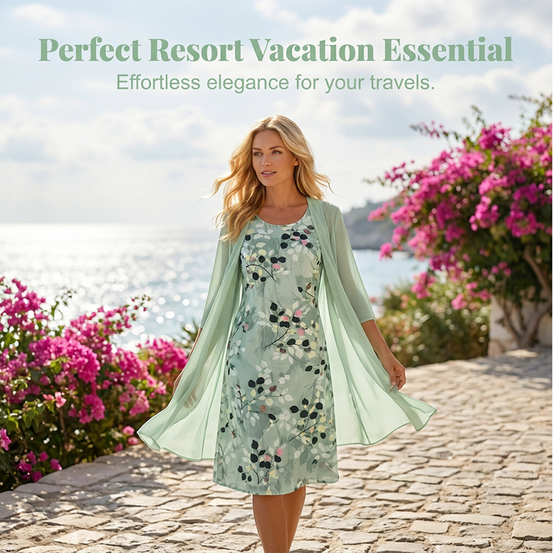 🔥CLEARANCE SALE🔥Women's Elegant Chiffon Dress & Cardigan 2-Piece Set