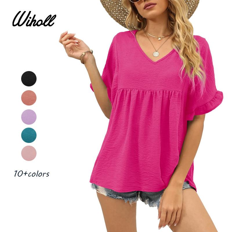 💖LAST DAY SALE 60% OFF💷👕Women's Tops Casual V Neck Ruffle Sleeve T Shirts Babydoll Loose Fit Peplum Top🌿