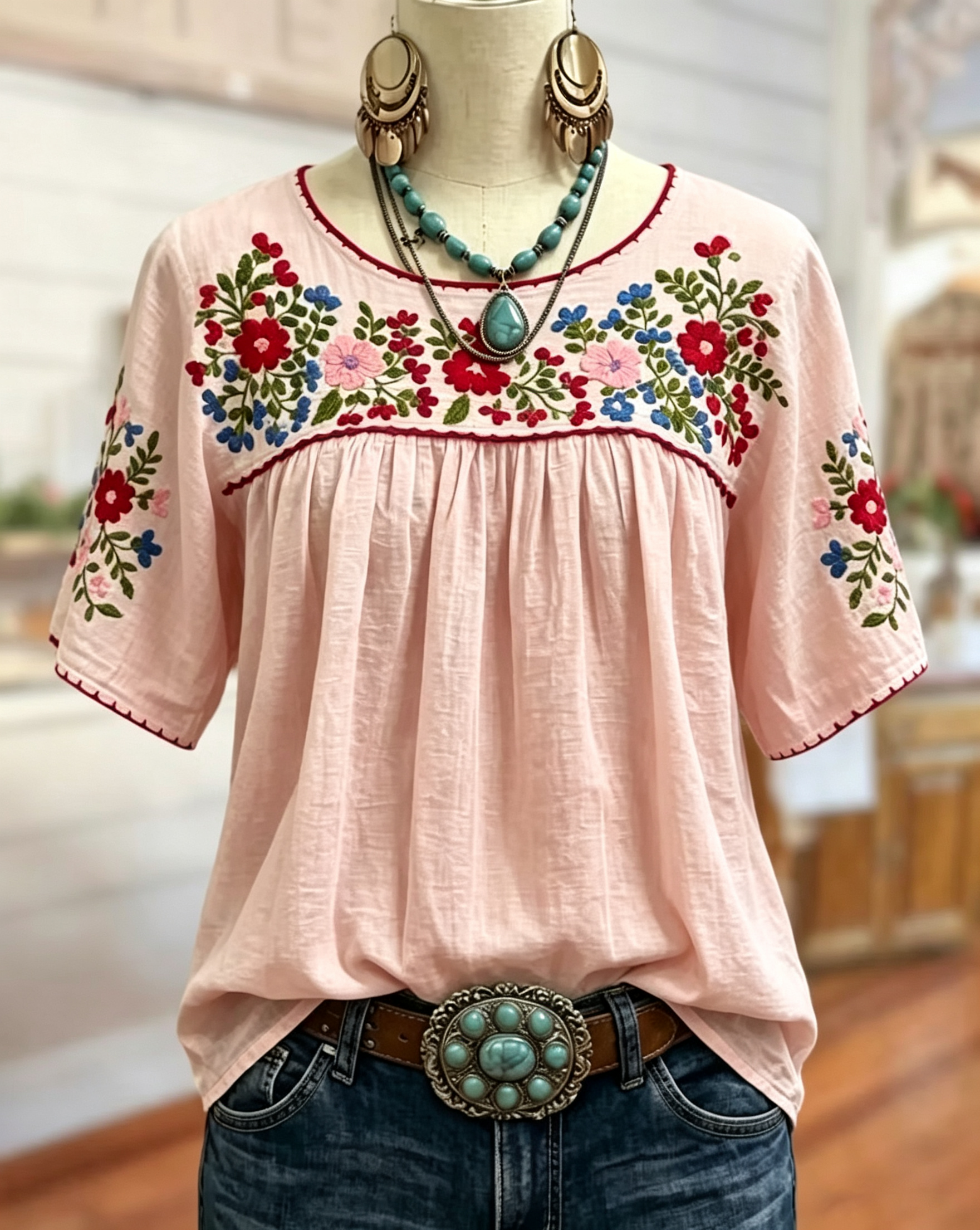 Floral Loose Gathered Scoop Neck Short Sleeve Blouse