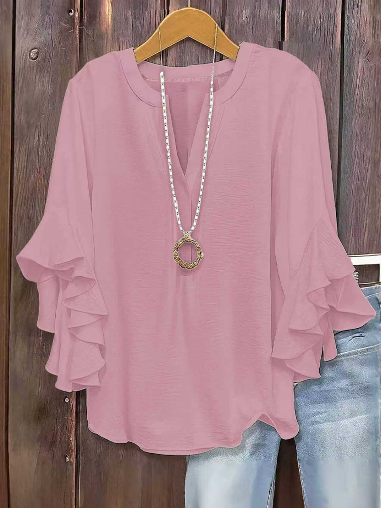 🍃 Plus Size Women's Floral V-Neck Blouse Flowy Ruffled Sleeve Top for Arm & Tummy Flattering Lightweight Casual Summer Shirt ☀️