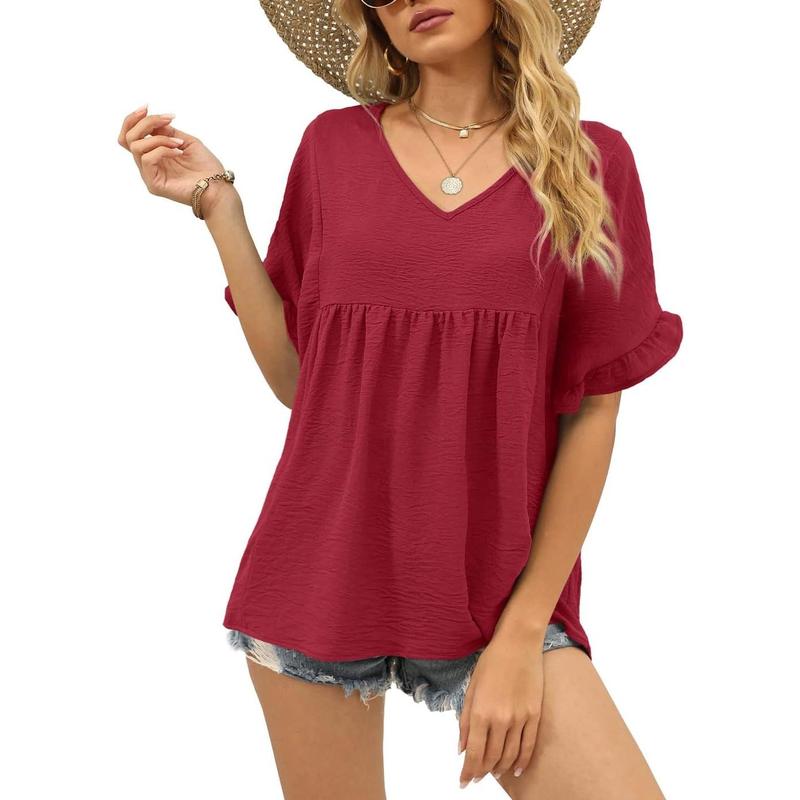 💖LAST DAY SALE 60% OFF💷👕Women's Tops Casual V Neck Ruffle Sleeve T Shirts Babydoll Loose Fit Peplum Top🌿