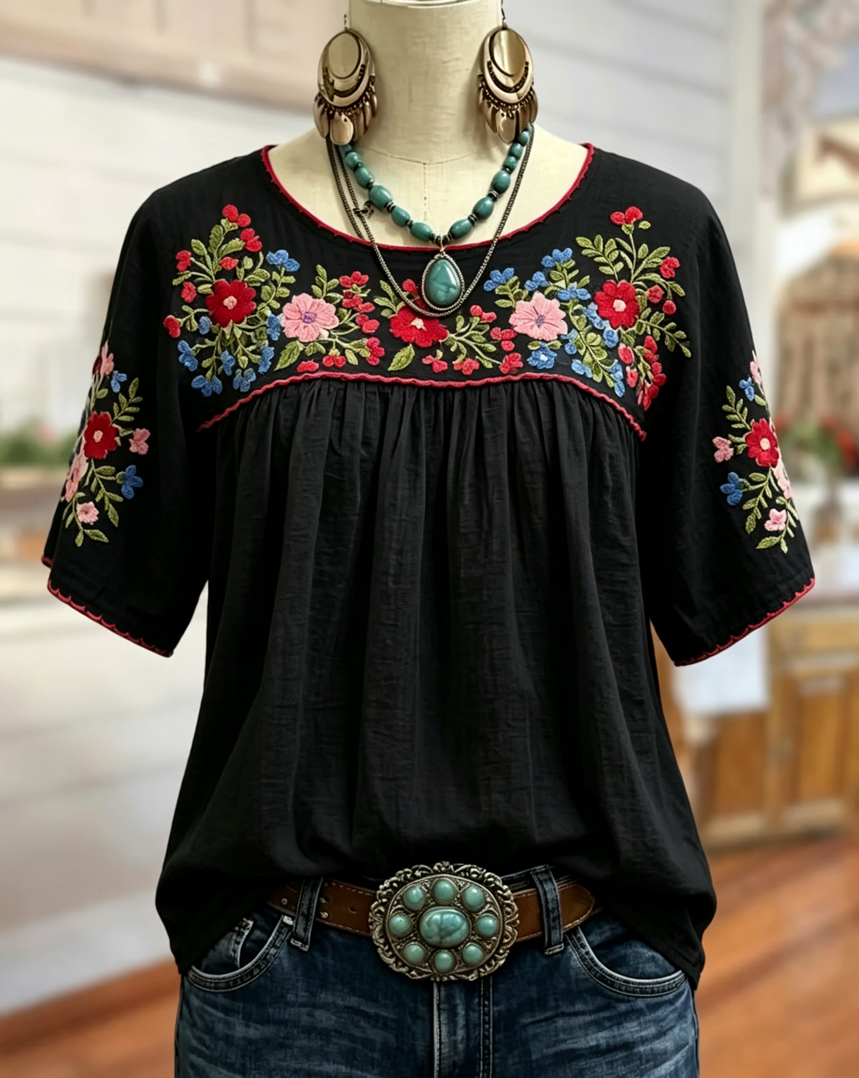 Floral Loose Gathered Scoop Neck Short Sleeve Blouse