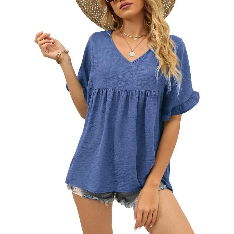 💖LAST DAY SALE 60% OFF💷👕Women's Tops Casual V Neck Ruffle Sleeve T Shirts Babydoll Loose Fit Peplum Top🌿