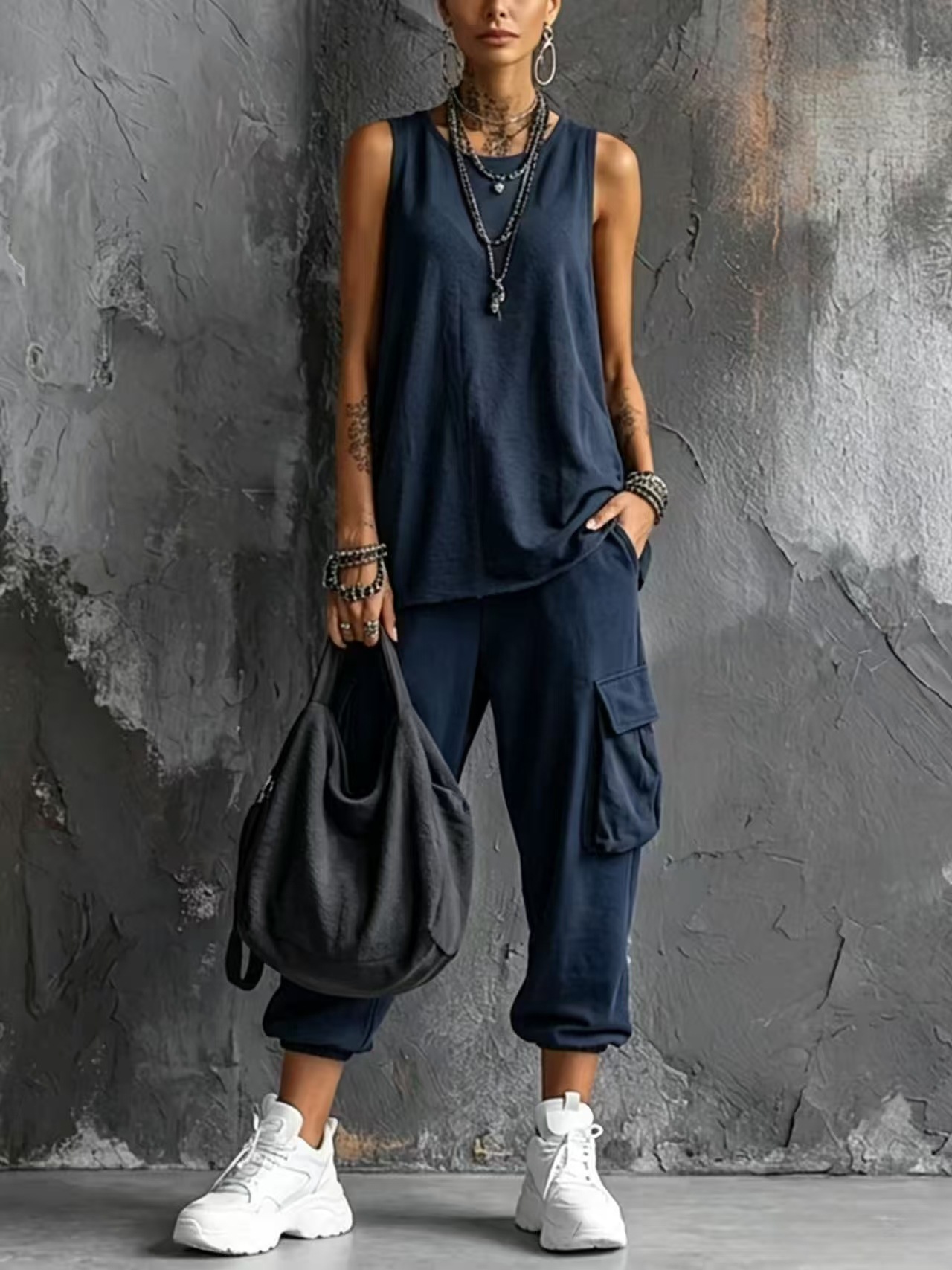 Casual Street-style Sleeveless Cotton T-shirt And Pants Two-piece Set