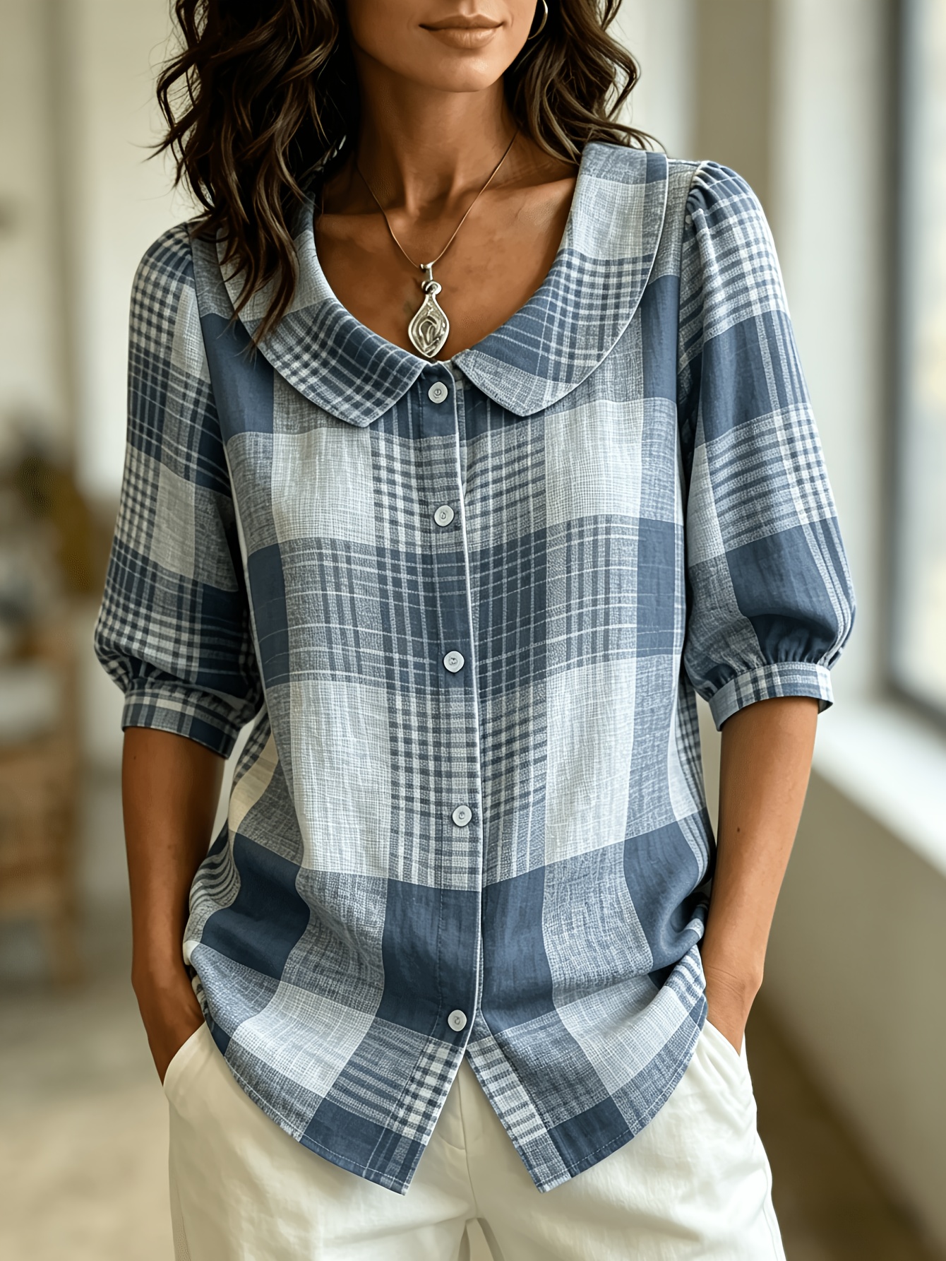 🔥CLEARANCE SALE🔥Plaid Check Button Front Blouse with Peter Pan Collar