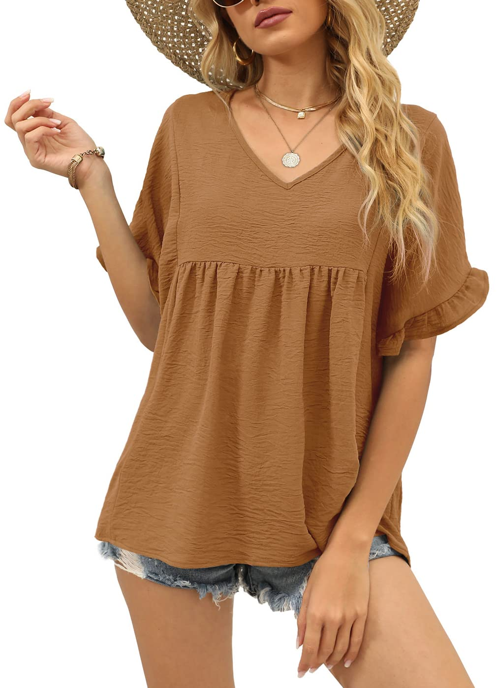 Limited time sale🔥Womens Casual V Neck Ruffle Sleeve T Shirts Babydoll Loose Fit Peplum Tops