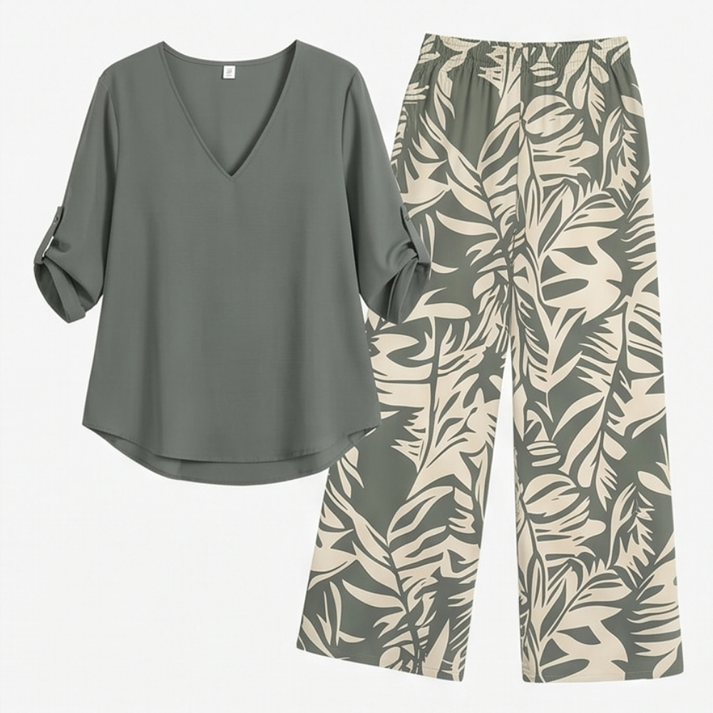 Lark & Palm™ – V-Neck Top & Leaf-Print Wide-Leg Pants Set