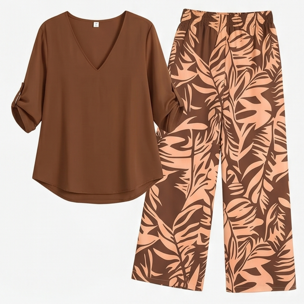 Lark & Palm™ – V-Neck Top & Leaf-Print Wide-Leg Pants Set