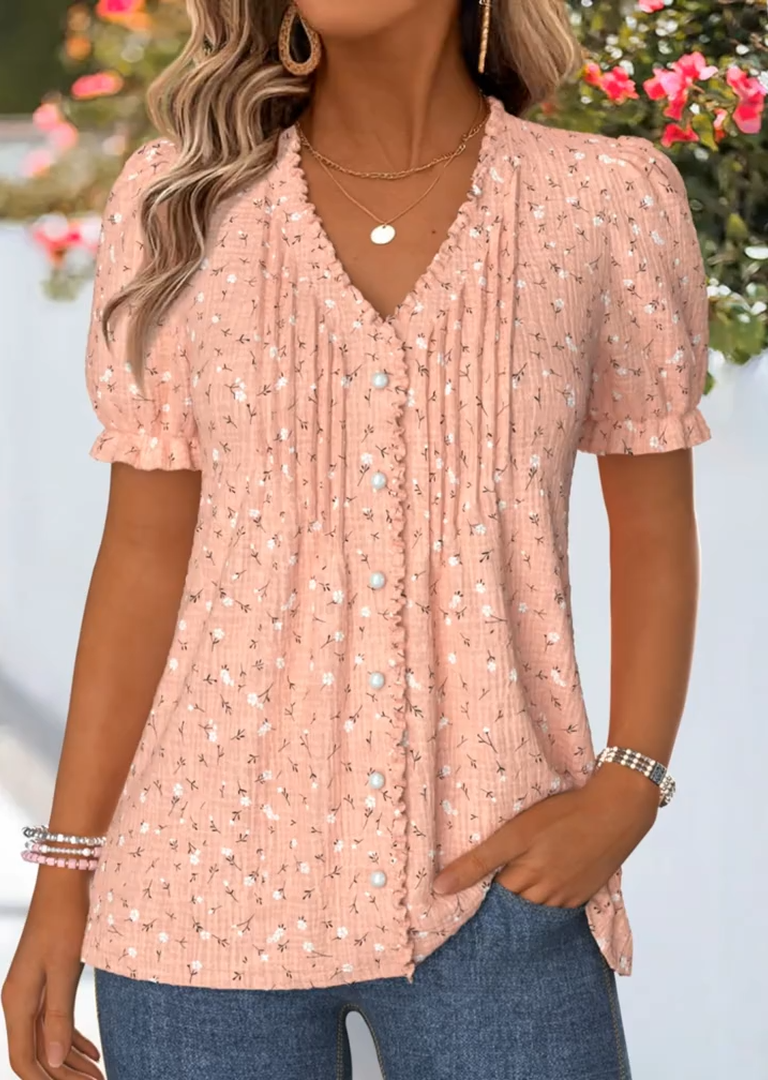 Dusty Pink Floral Print Frill Short Sleeve T Shirt