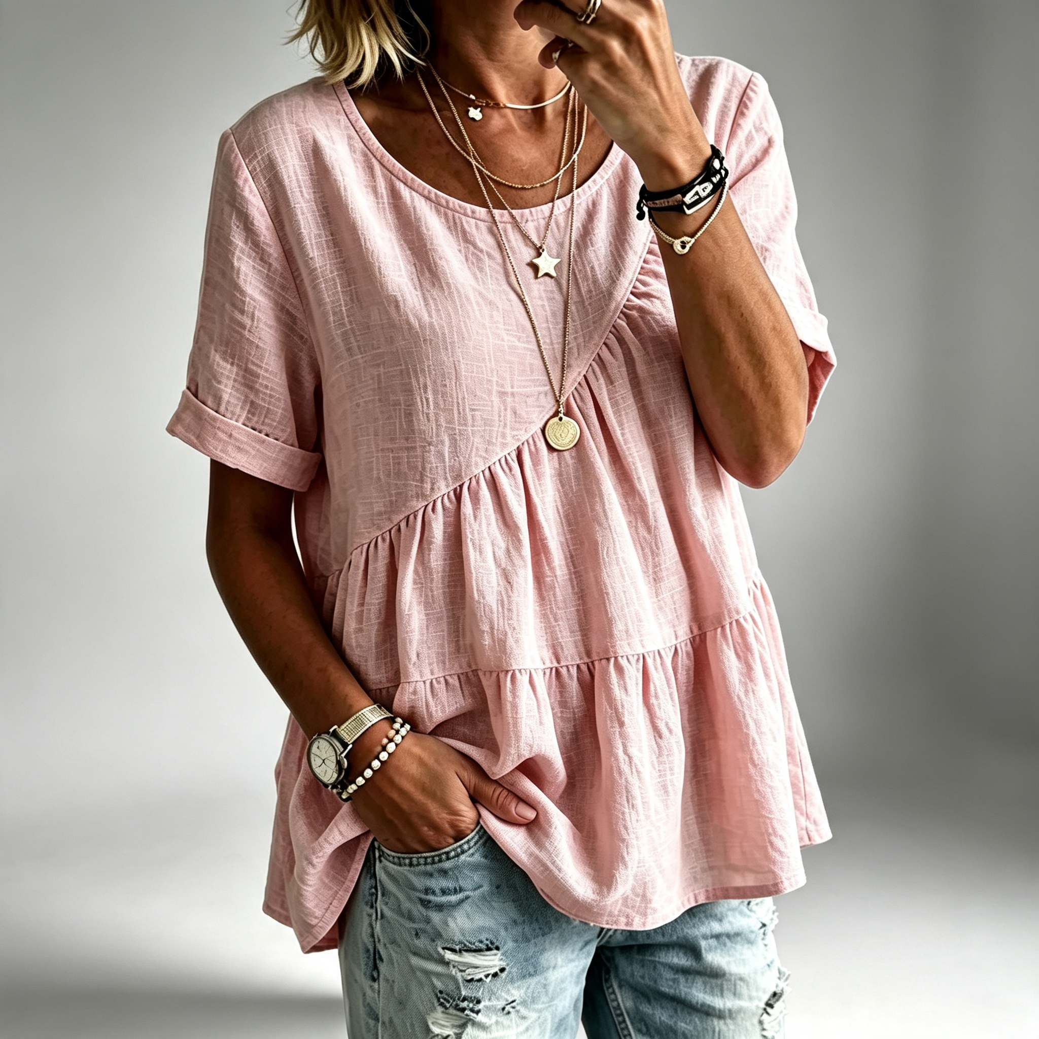 Women's Round Neck Cotton Linen Solid Color Loose Short-sleeved Shirt