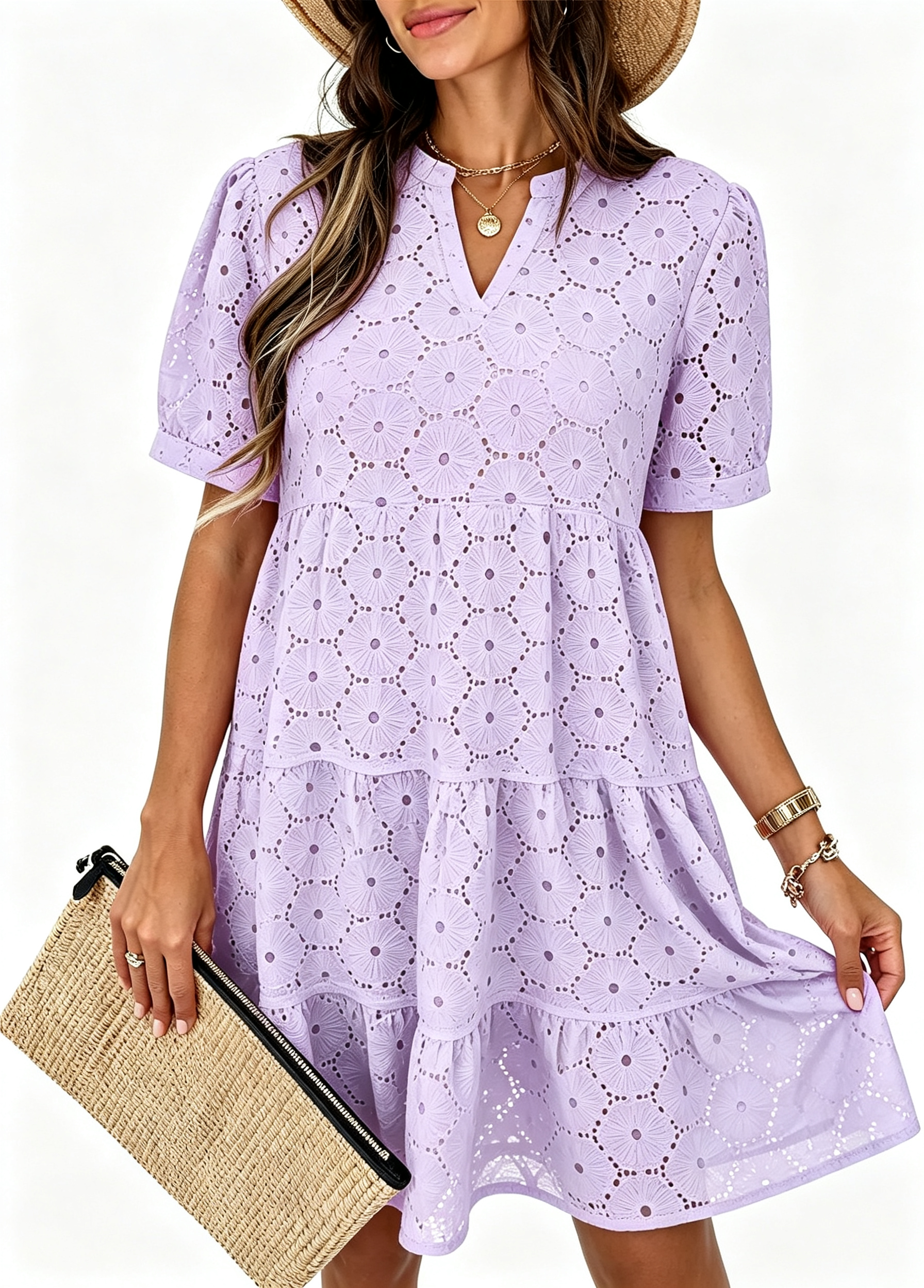 New Arrivals🔥Women’s Summer Lace Dresses Eyelet Casual Flowy Babydoll Swing Short Sleeve V Neck Tunic Dress