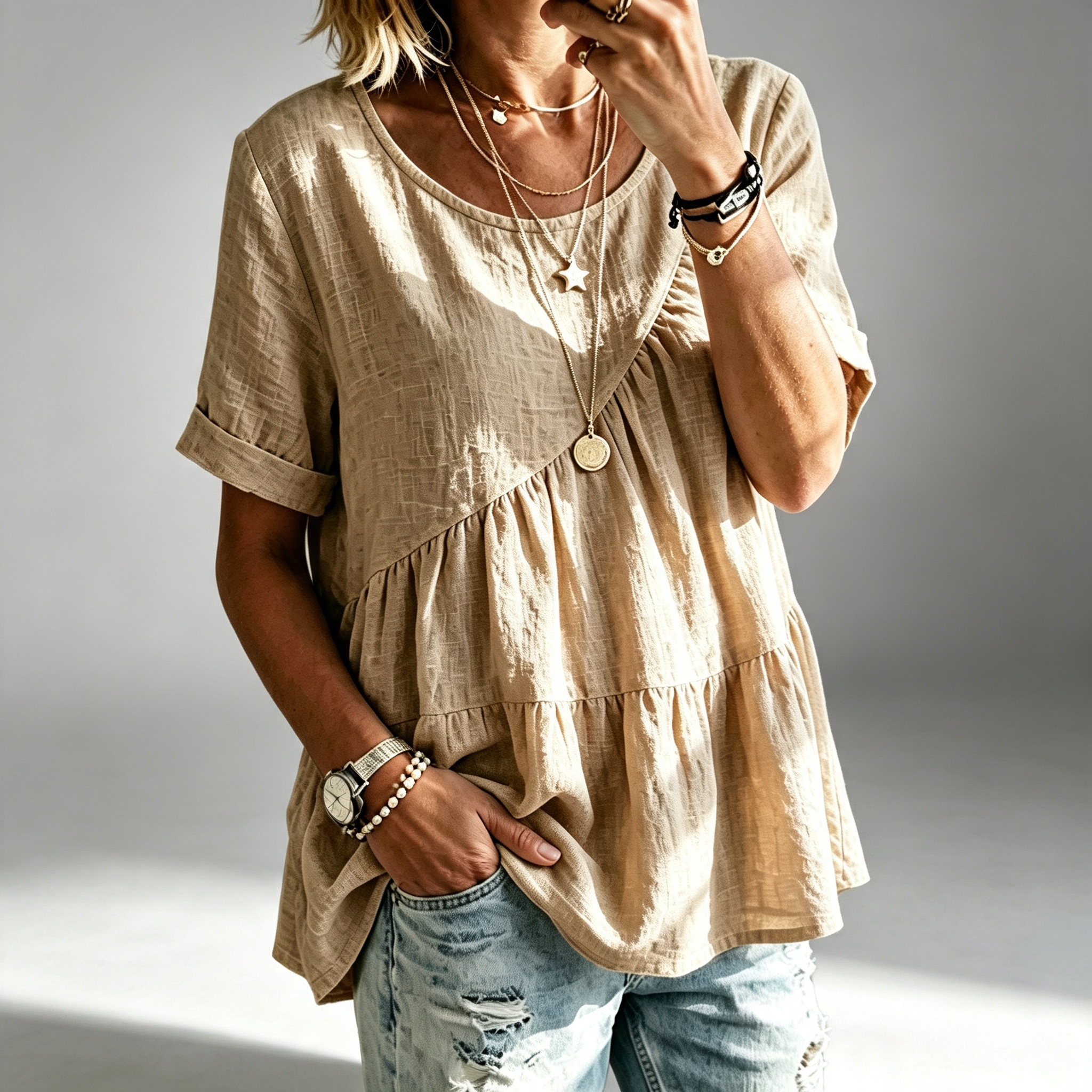 Women's Round Neck Cotton Linen Solid Color Loose Short-sleeved Shirt