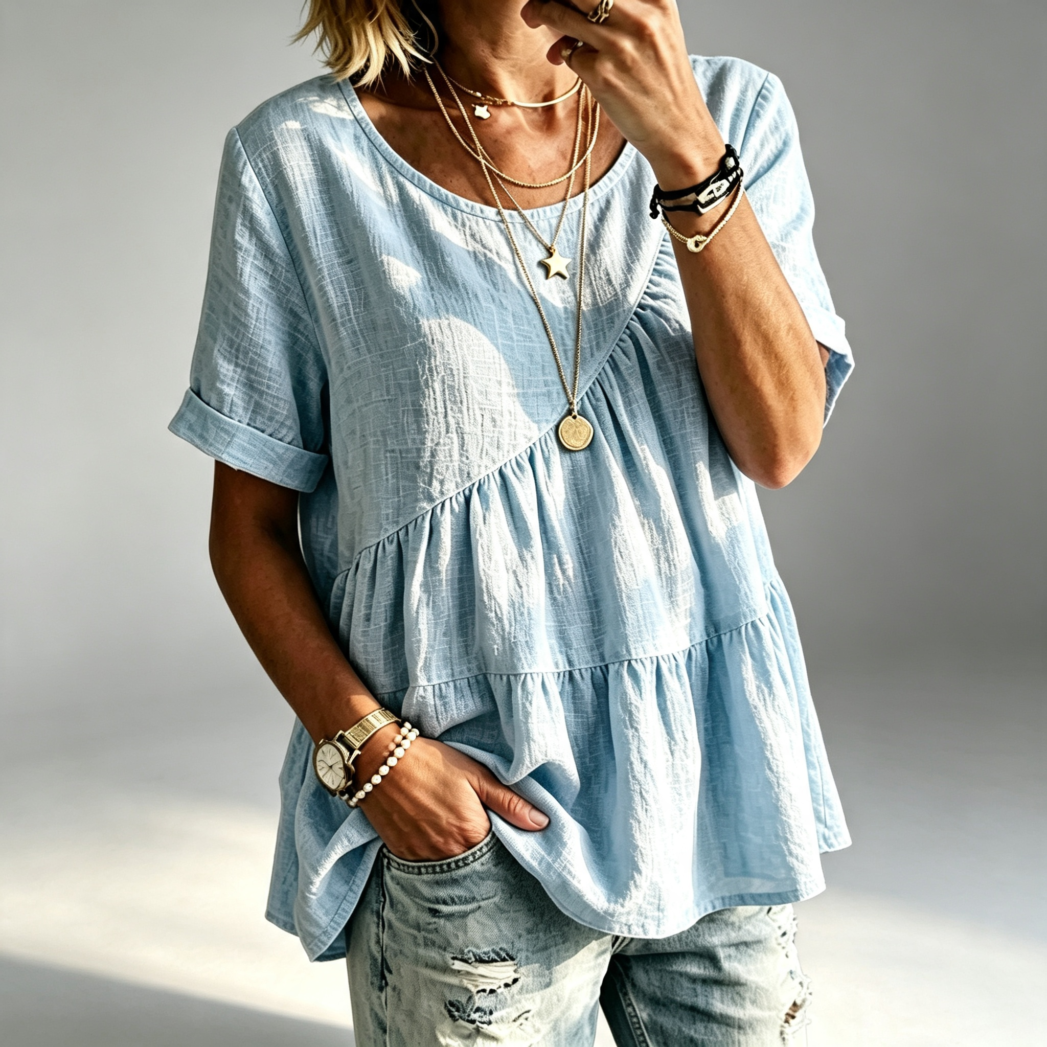 Women's Round Neck Cotton Linen Solid Color Loose Short-sleeved Shirt