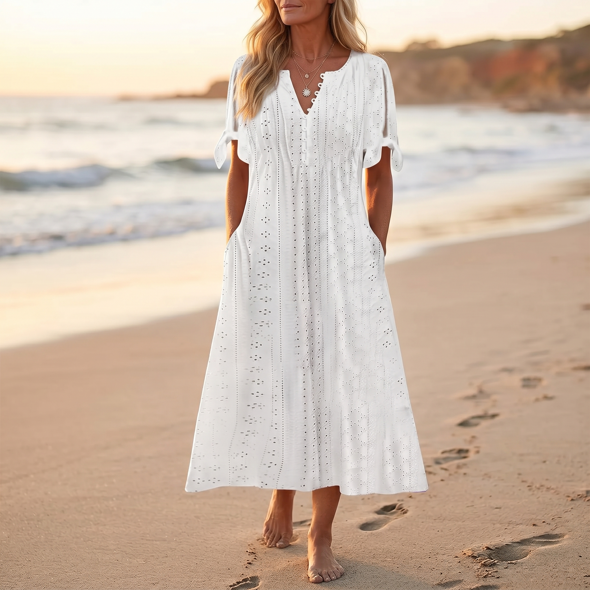 Florenza™ – Eyelet Midi Dress with Tie-Bow Sleeves