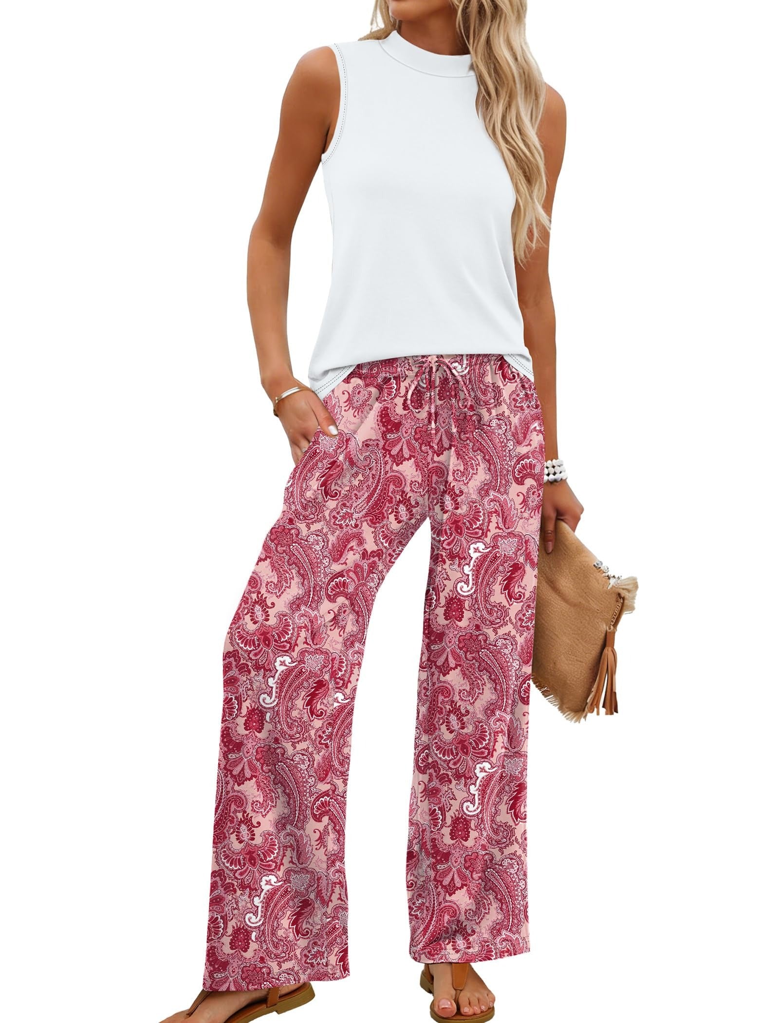 Women's Mock Neck Tank & Printed Wide Leg Pants Set