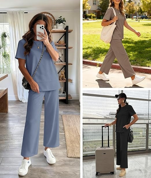 🔥CLEARANCE SALE🔥Women's Basic Short Sleeve Wide Leg Pant Set