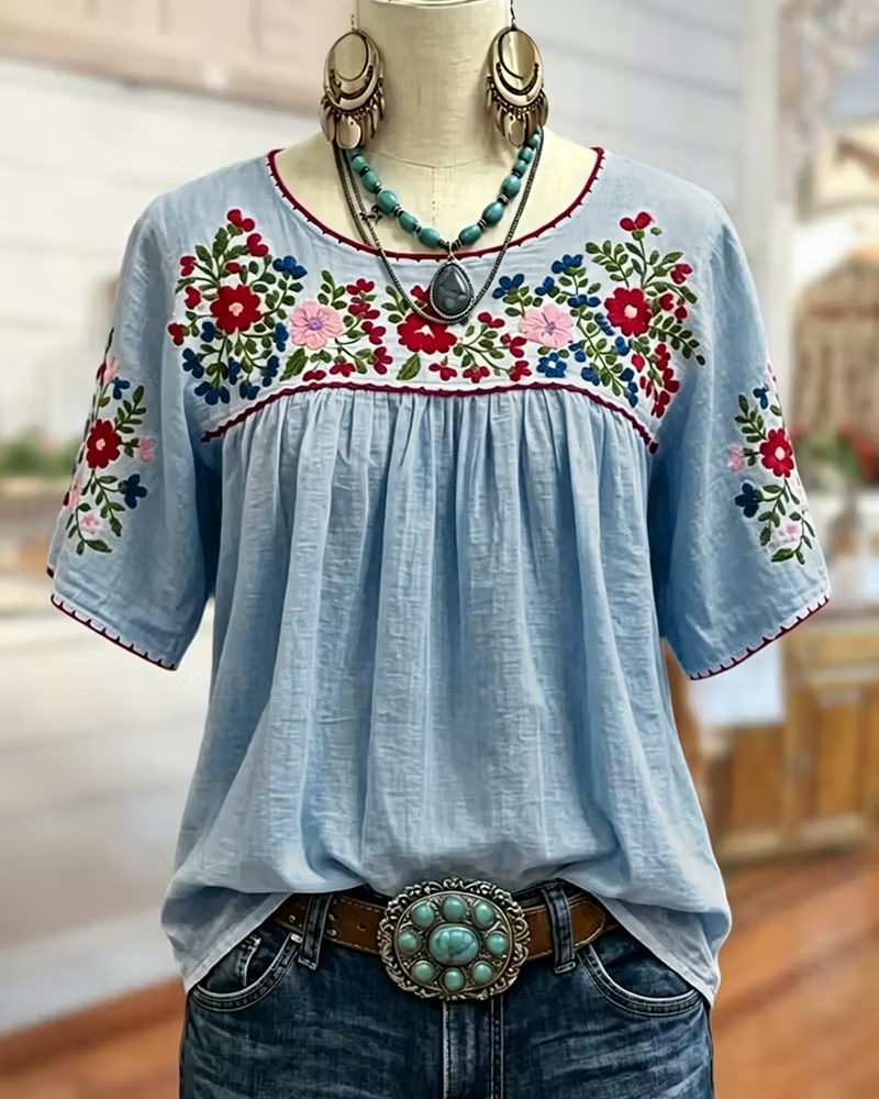 Floral Loose Gathered Scoop Neck Short Sleeve Blouse