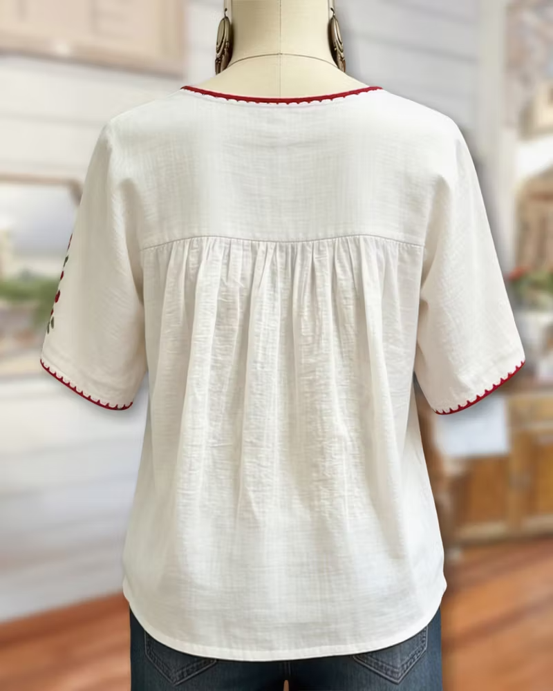 Floral Loose Gathered Scoop Neck Short Sleeve Blouse