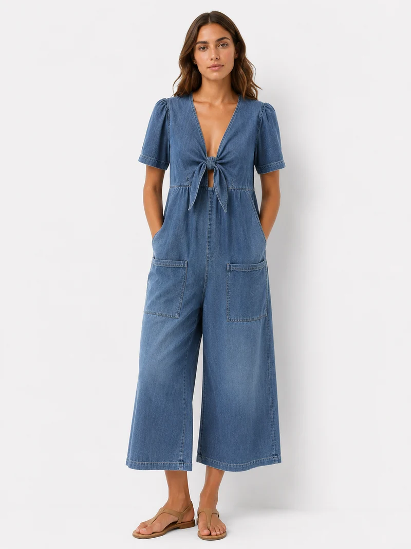 ⏰ Limited Time: 50% OFF🔥New ArrivalsCasual Loose-Fitting Short-Sleeve V-Neck Denim Jumpsuit