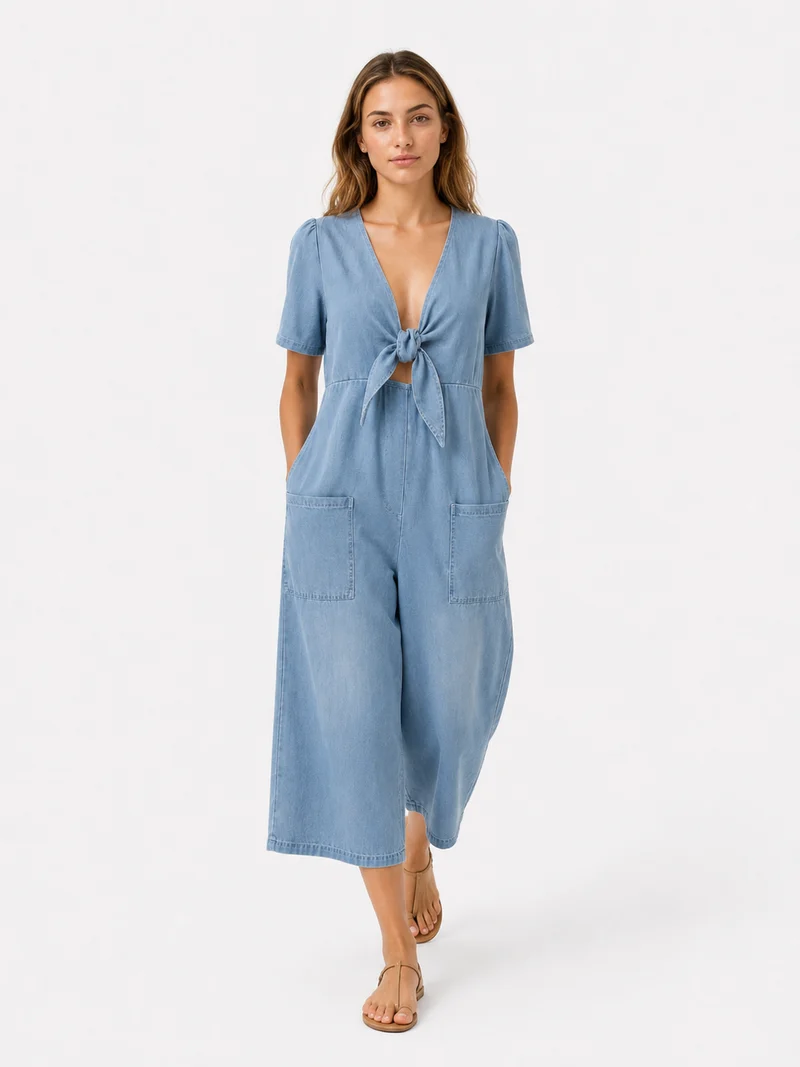 ⏰ Limited Time: 50% OFF🔥New ArrivalsCasual Loose-Fitting Short-Sleeve V-Neck Denim Jumpsuit