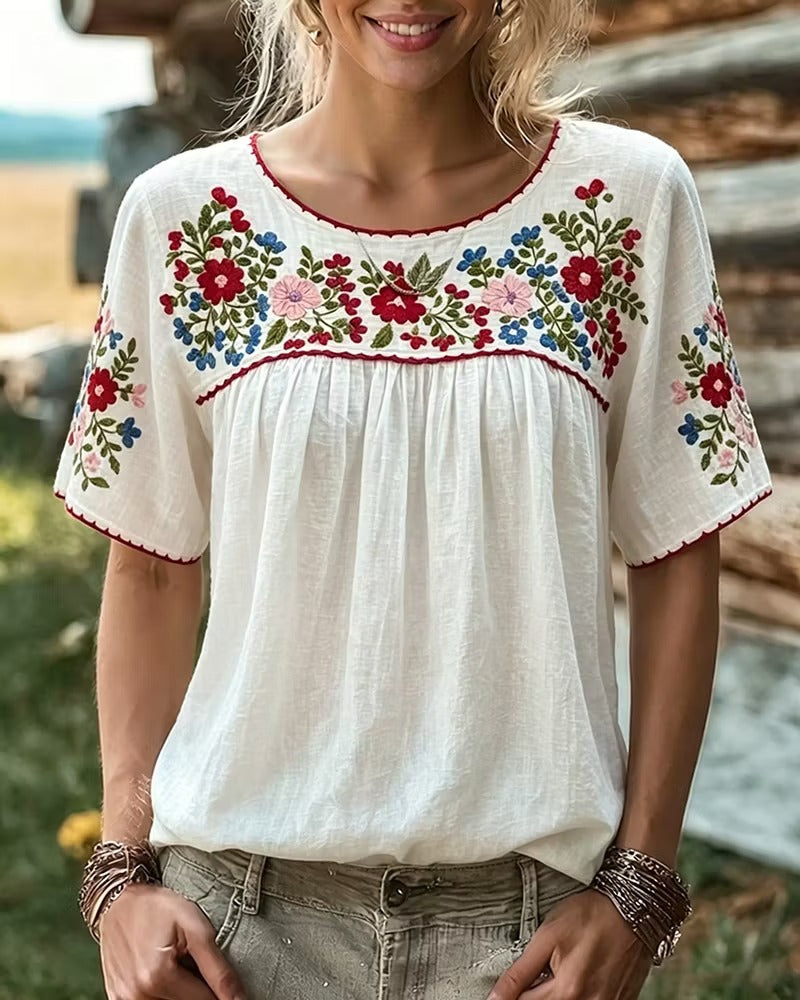 Floral Loose Gathered Scoop Neck Short Sleeve Blouse