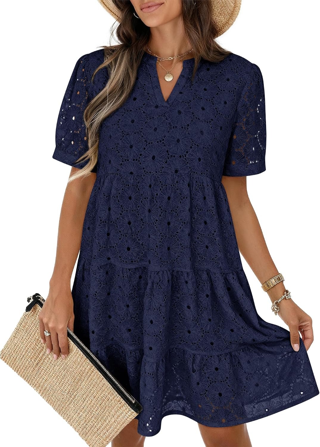 New Arrivals🔥Women’s Summer Lace Dresses Eyelet Casual Flowy Babydoll Swing Short Sleeve V Neck Tunic Dress