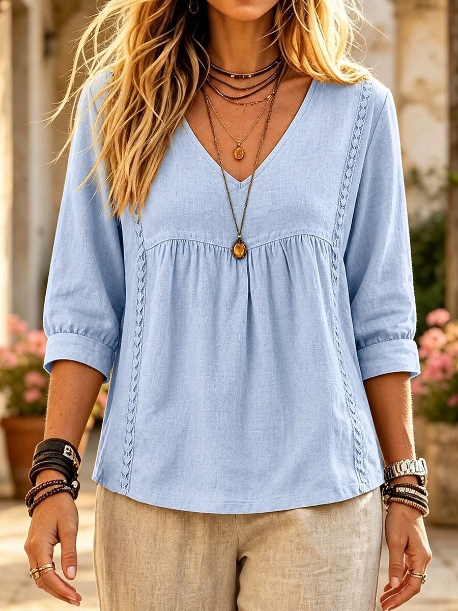 New Arrivals🔥Women's V Neck Lace Trim Babydoll Blouse