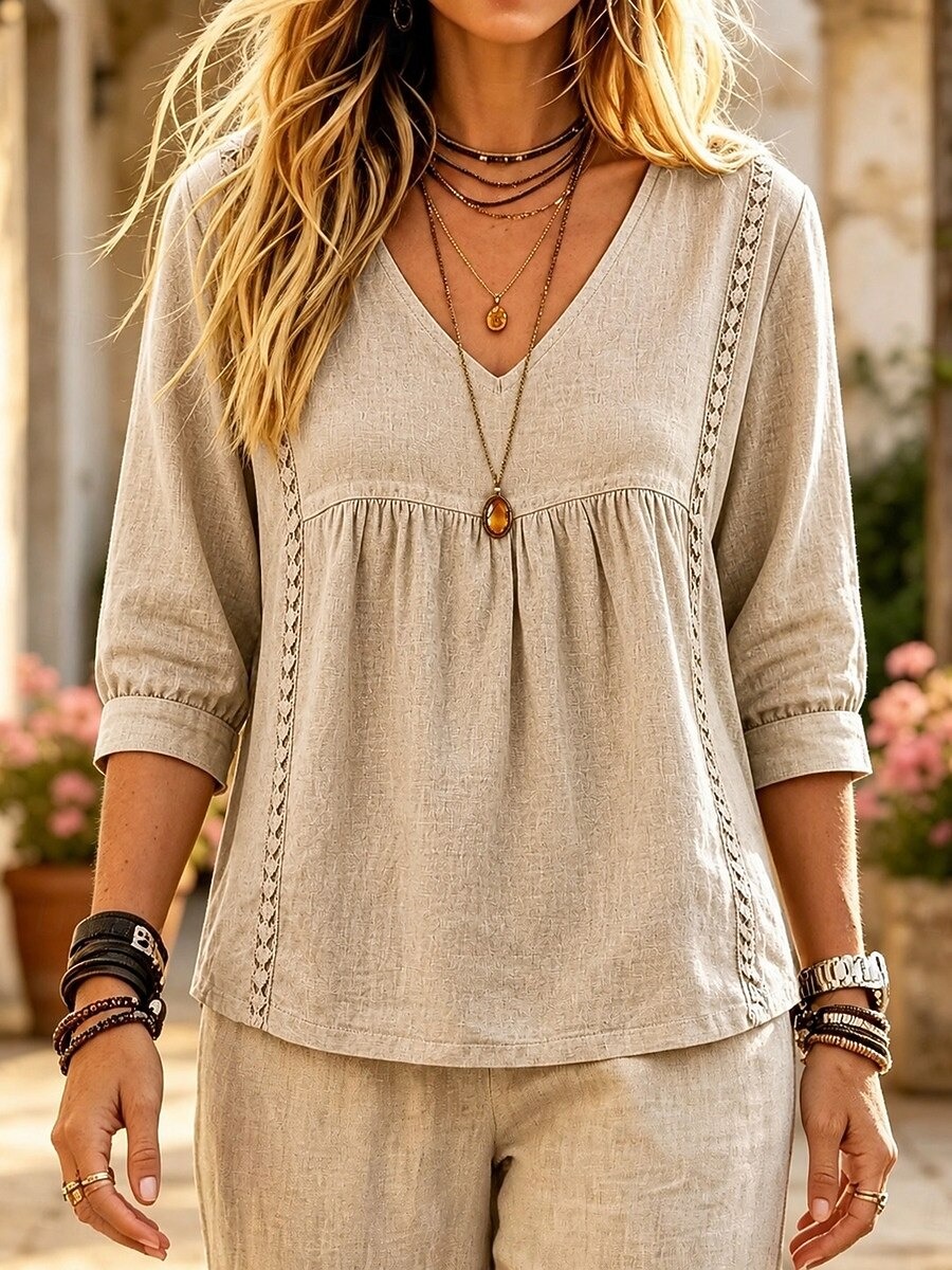 New Arrivals🔥Women's V Neck Lace Trim Babydoll Blouse
